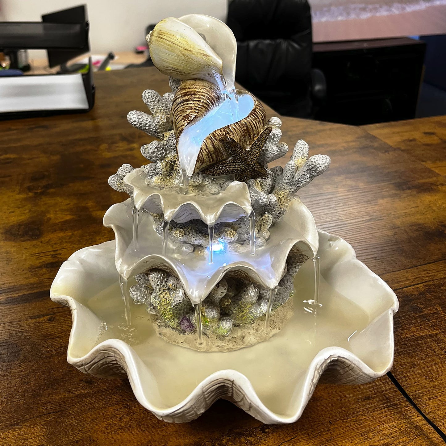 10.5" H Coral Reef Shell Fountain Indoor Fountain with LED Lights and Adjustable Motor Pump (Power Cord Attached) (Resin)