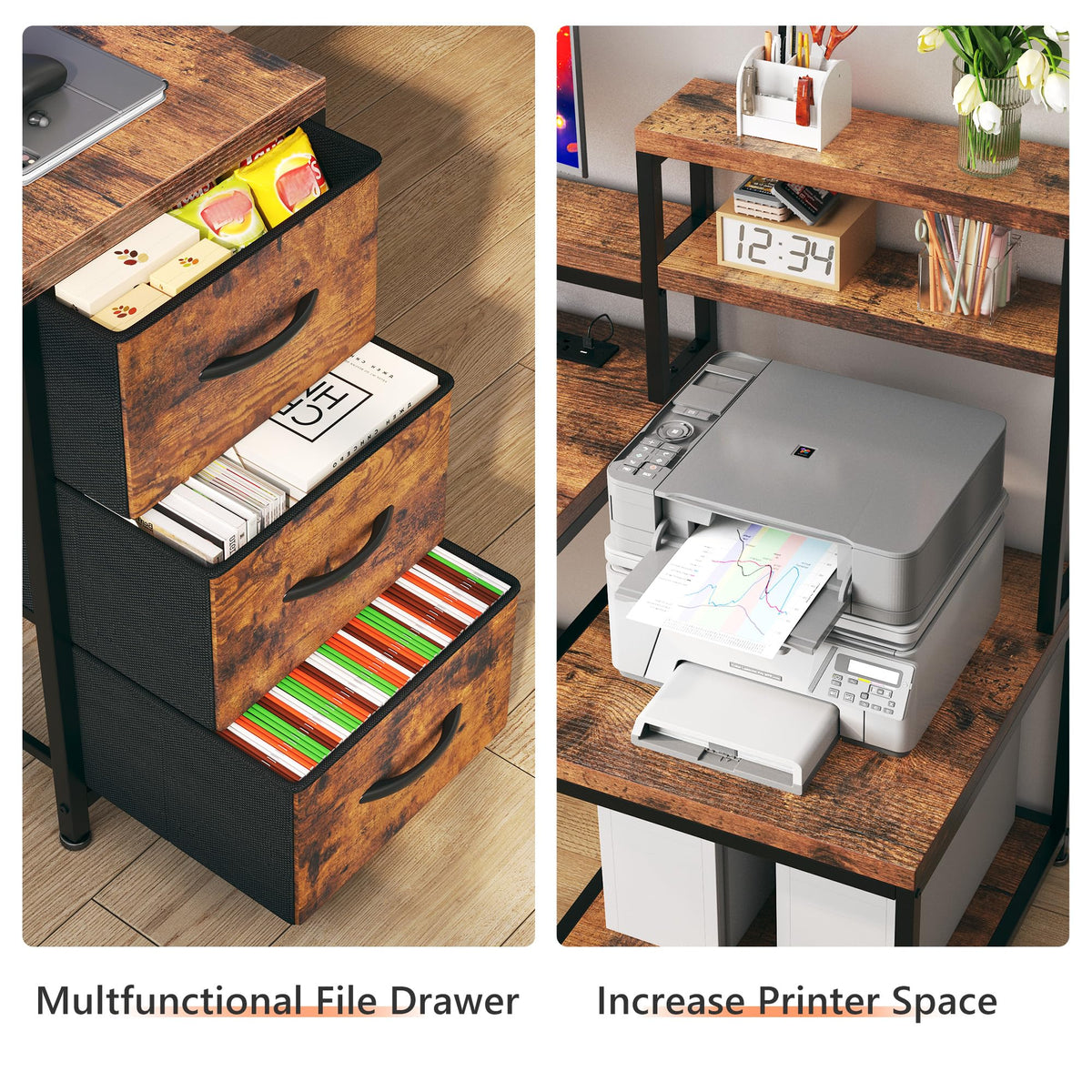 EnHomee 71" L Shaped Computer Desk with 3 Drawers & Hutch,Reversible Gaming Desk with LED Lights & Power Outlet,Home Office Desks with Monitor Stand & Printer Shelf for Student School Rustic Brown