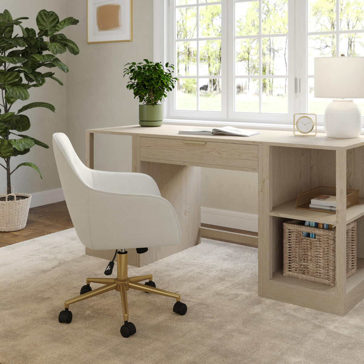 Martha Stewart Rayna Swivel Task Chair with Flared Arms for Home Office in Off White Fabric with Polished Brass Frame