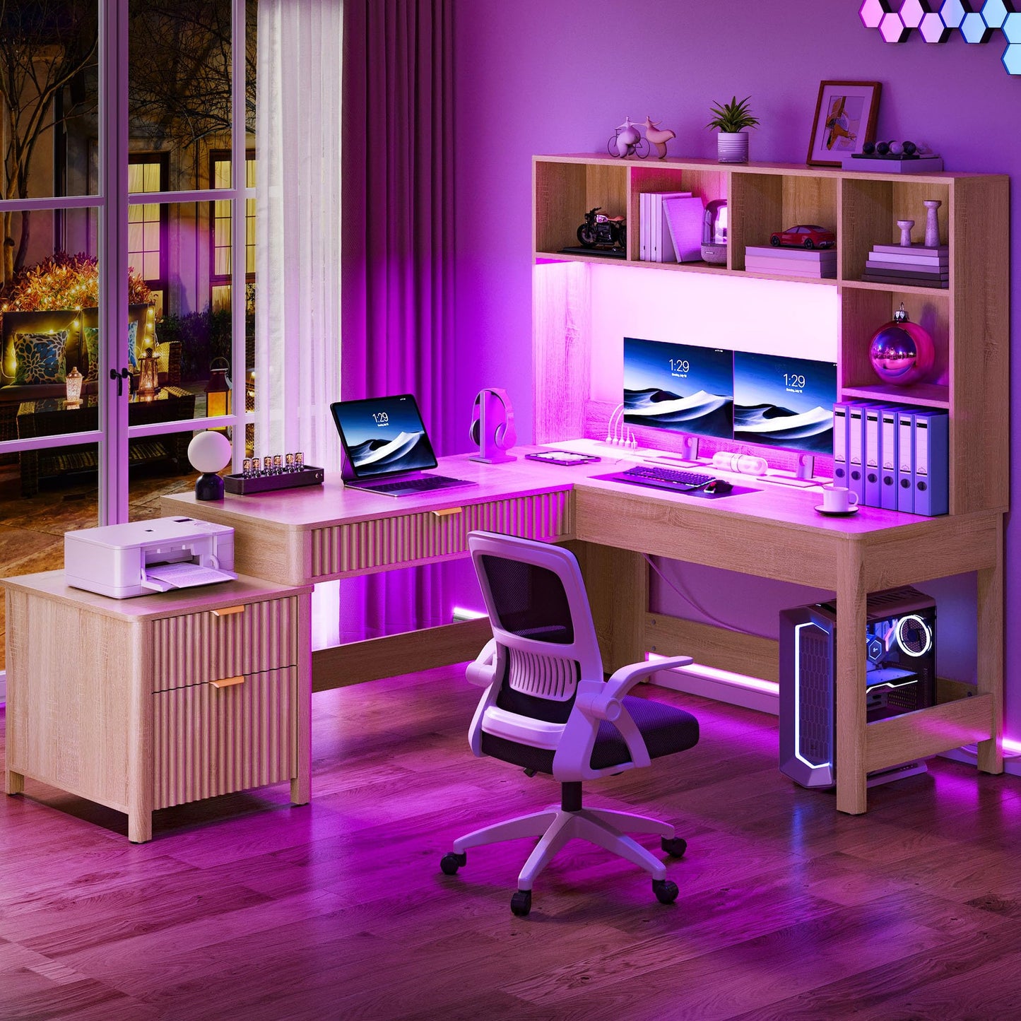 YITAHOME L Shaped Desk with Hutch and Drawers, 67" Computer Desk Gaming Desk with Power Outlets & LED Lights, Wood Home Office Desk with Printer Stand, Fluted Sturdy Writing Workstation, Natural Oak