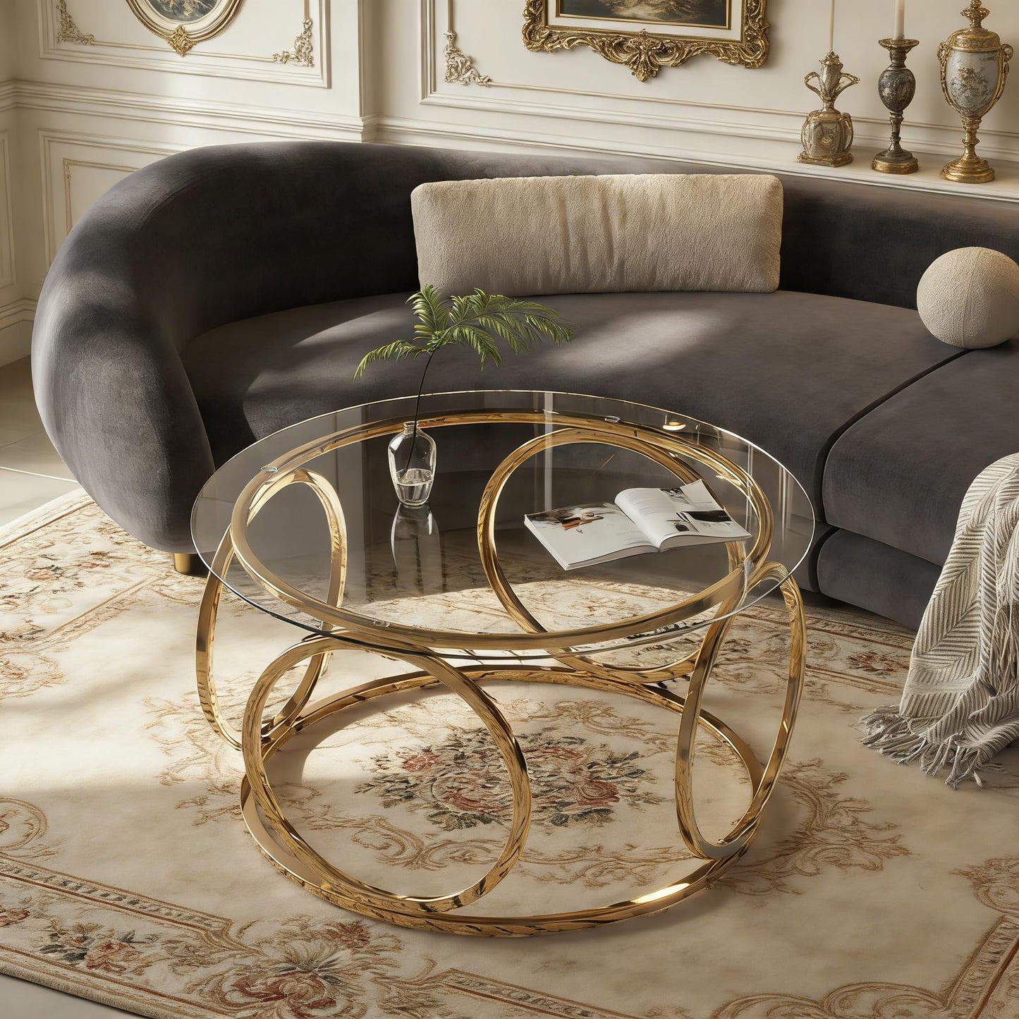 GDFStudio 31.5" Luxury Round Coffee Table with Circular Metal Frame, Tempered Glass Top Modern Coffee Table, Small Round Center Table for Living Room Small Space Office Lounge, Easy Assembly, Gold