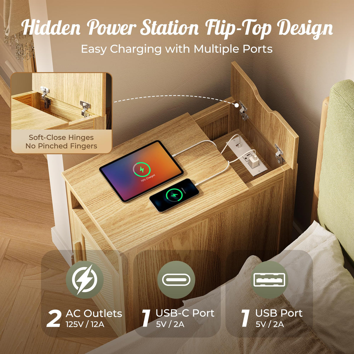Huuger Narrow Night Stand, End Table with Charging Station, USB-C Port, Rattan Side Table with Cabinet and Open Shelf, Synthetic Rattan, for Small Spaces, Bedroom, Natural Wood