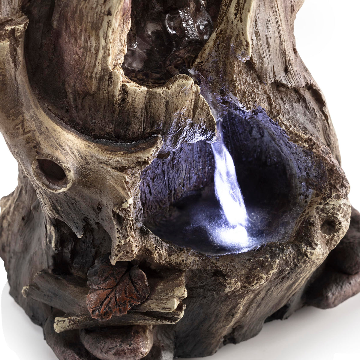 Alpine Corporation WIN326 Indoor Tabletop Light-Up Tiered Rainforest Tree Trunk Water Fountain with LED Lights, 11", Brown