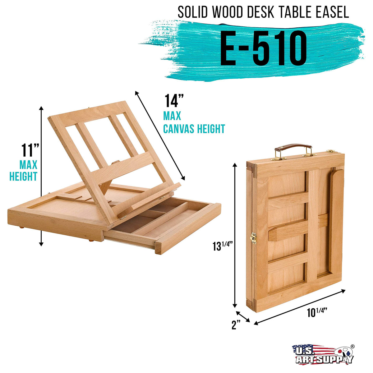 U.S. Art Supply Solana Adjustable Wood Art Easel: Portable Beechwood Tabletop Easel with Storage Drawer & Palette for Painting & Drawing, Artist Desktop