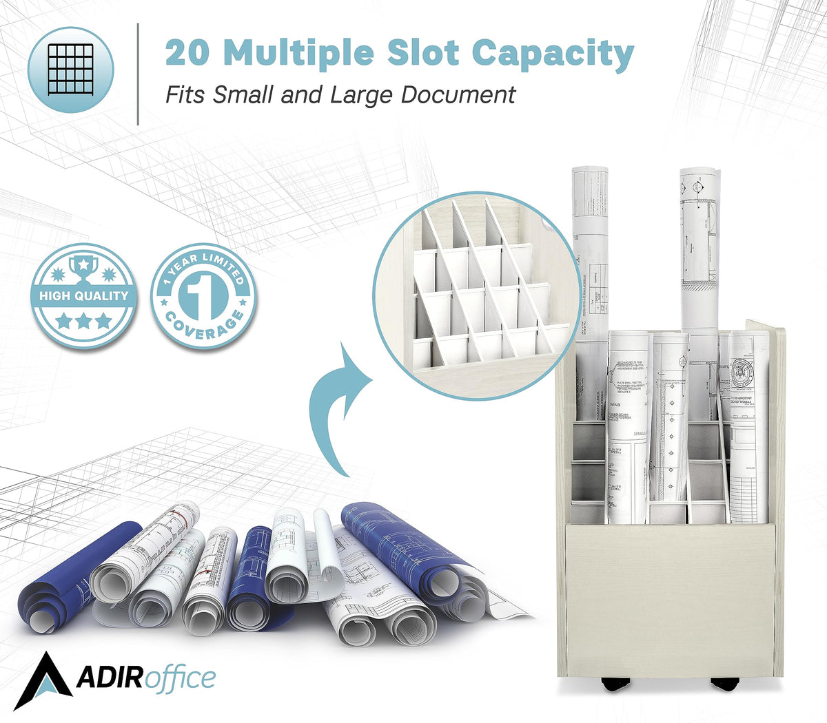 AdirOffice Adir Blue Print Storage Organizer - Mobile Roll File Cart, Construction Plan Holders, Blueprint Cabinet with Wheels, Roll Files Storage for Office and Home (20 Slots, White)