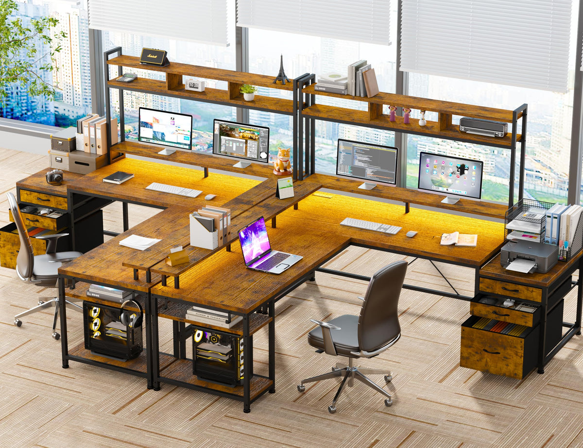 EnHomee 64 x 60 Inch L Shaped Desk with Hutch and Drawers,Reversible Gaming Desk with Power Outlet & Monitor Stand & LED Lights,Computer Corner Desk,Two Person Office Desk for Living,Bedroom,Brown
