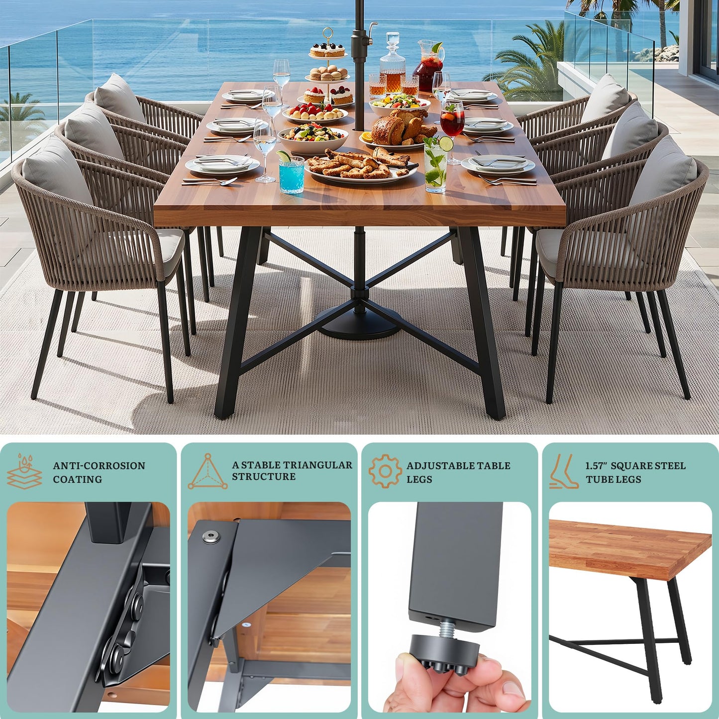 YITAHOME 68.9-Inch Rectangular Dinner Table, Solid Acacia Wood Dining Table with Metal Frame, Heavy Duty Outdoor Wood Rectangle Table for Patio, Garden, 500 LBS Capacity