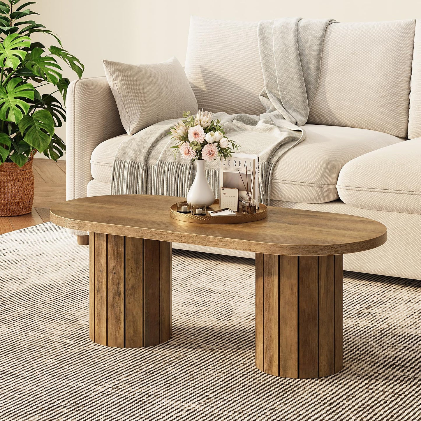 Tohomeor Oval Coffee Table, 43.3" Farmhouse Wooden Coffee Table with Fluted Legs, Mid-Century Modern Accent Center Table with for Living Room or Home Office, Retro Brown