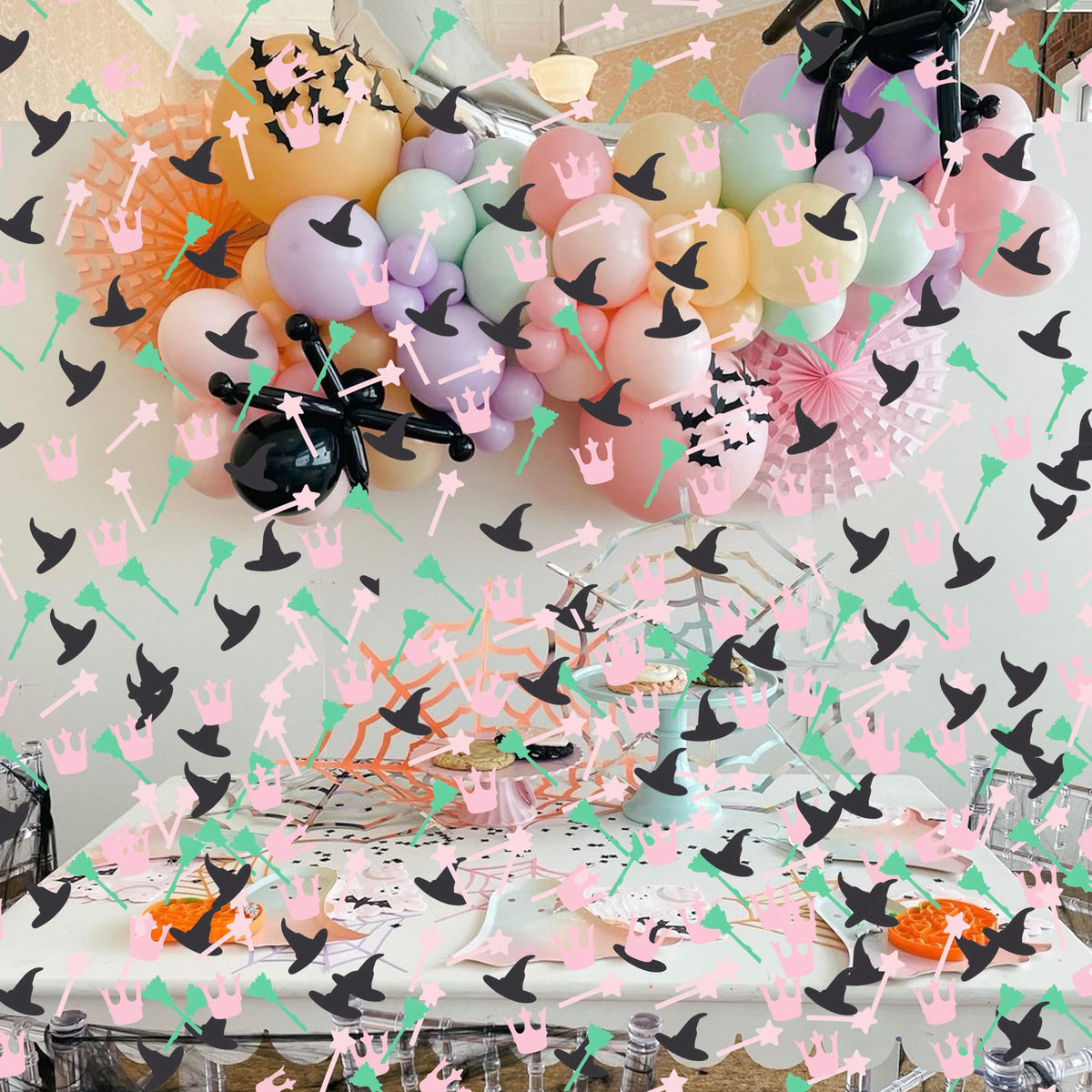 200Pcs Witch Themed Confetti - Magic Birthday Wedding Party Decorations,Pink Green Witches Table Centerpiece,Crown Broom Magic Wand Scatters Confetti,Good Bad Witch Party Photo Props