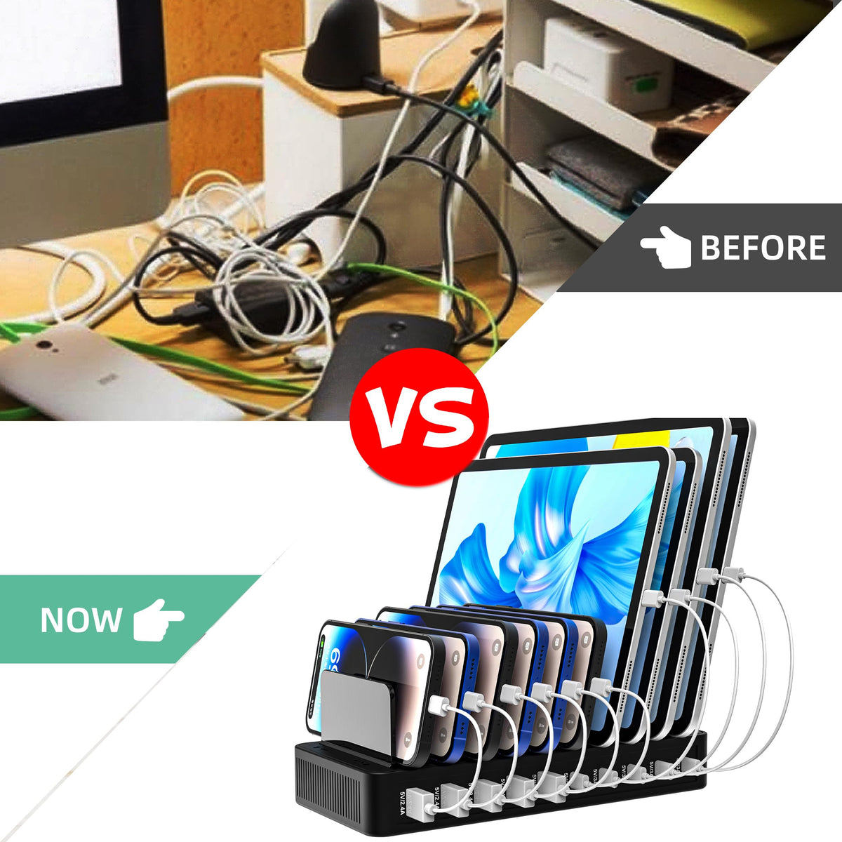 Haioulun 100W 10-Port Smart Charging Station | 5 USB-A & 5 USB-C Ports | Organized Design for Cellphones, Tablets, Watches & More (Black)