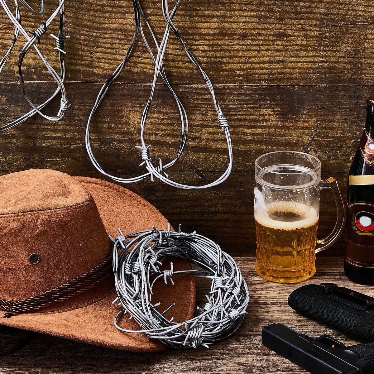 Taiyin 4 Pcs 32.8 Foot Fake Barbed Wire Rusted Western Props Decor Plastic Faux Wire Wreath Ornaments for Cowboy Cowgirl Party (Silver)