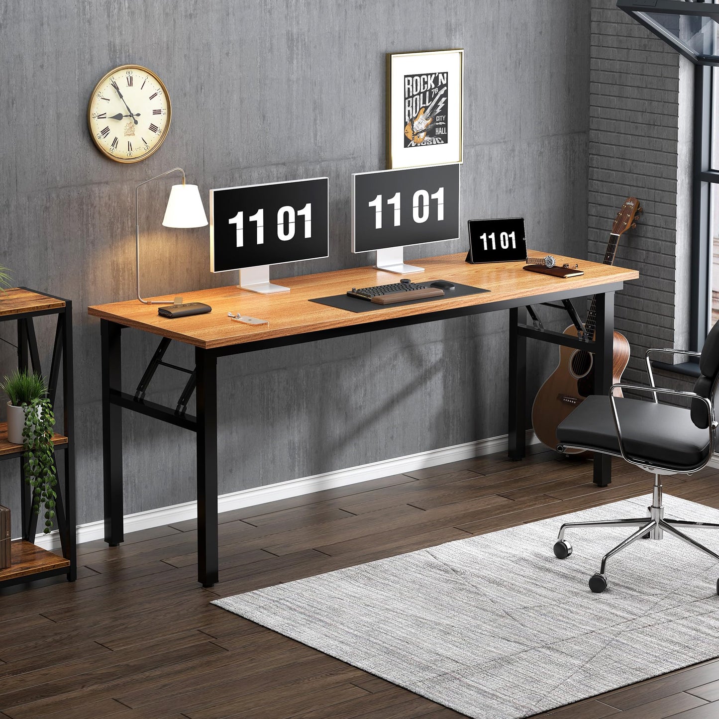 Need Folding Computer Desk, Large 60 inches Folding Table for Home Office, No Install Needed Foldable Writing Table Long Desk, Space-Saving, Teak and Black