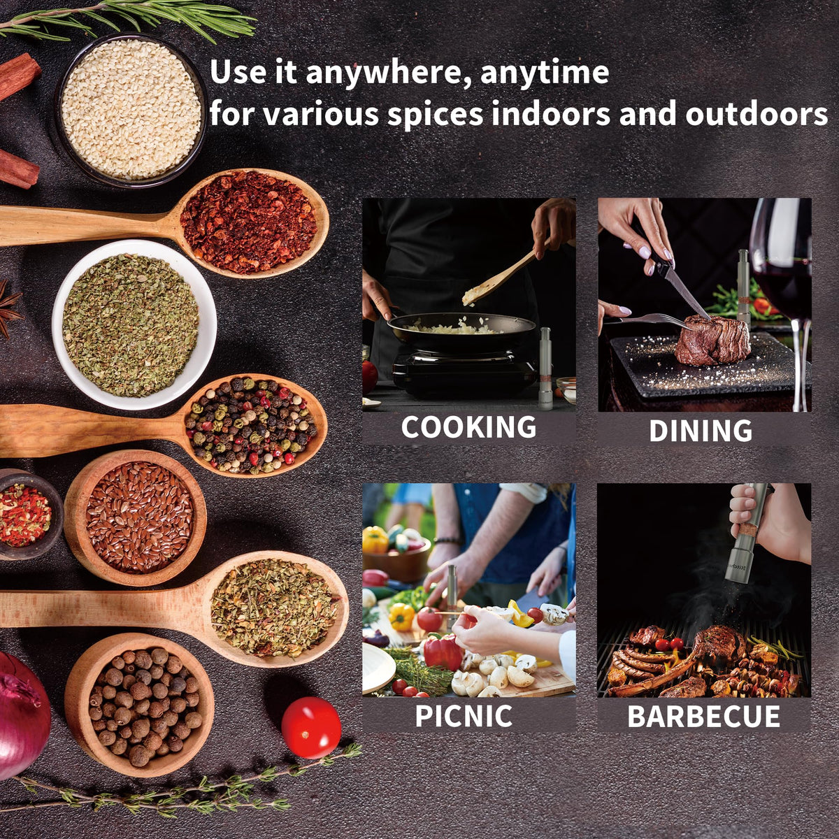 KitchenBliss Modern Thumb Click Salt and Pepper Grinder with Refillable Peppermill - Perfect for Himalayan Salts, Black Pepper, Sea Salt, Peppercorns, Spices Push Button for 1 hand operation (set)