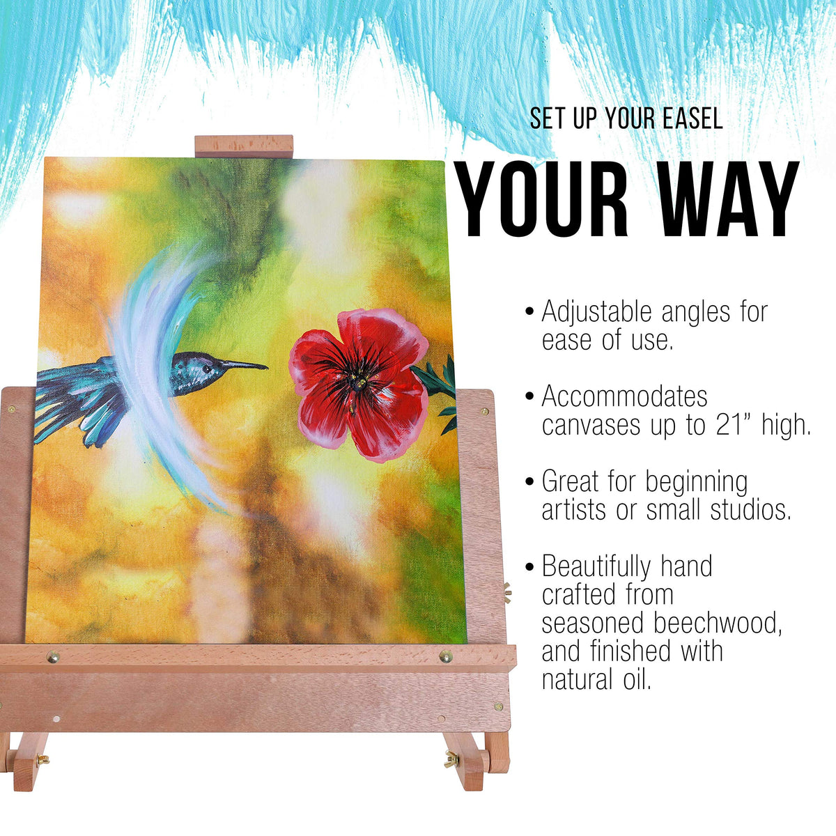 U.S. Art Supply Cancun Solid Wooden Tabletop Easel - Artist Studio Desktop Drawing Table, Portable Drafting Table, Adjustable Art Board, Tabletop Easel for Painting, Holds Up to 23" Canvas, Beechwood