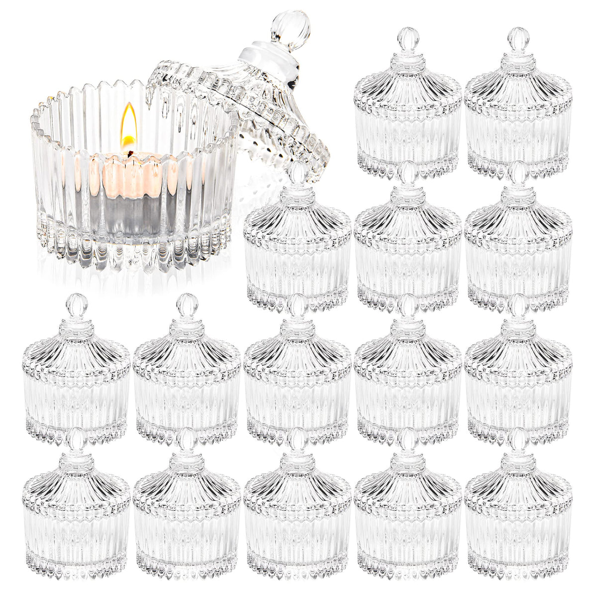 16 Piece Votive Candle Holders with Lids, Tealight Candle Holders in Bulk, Glass Small for Table Centerpiece, Wedding, Home Decor (2.68'' x 1.65'', Clear)
