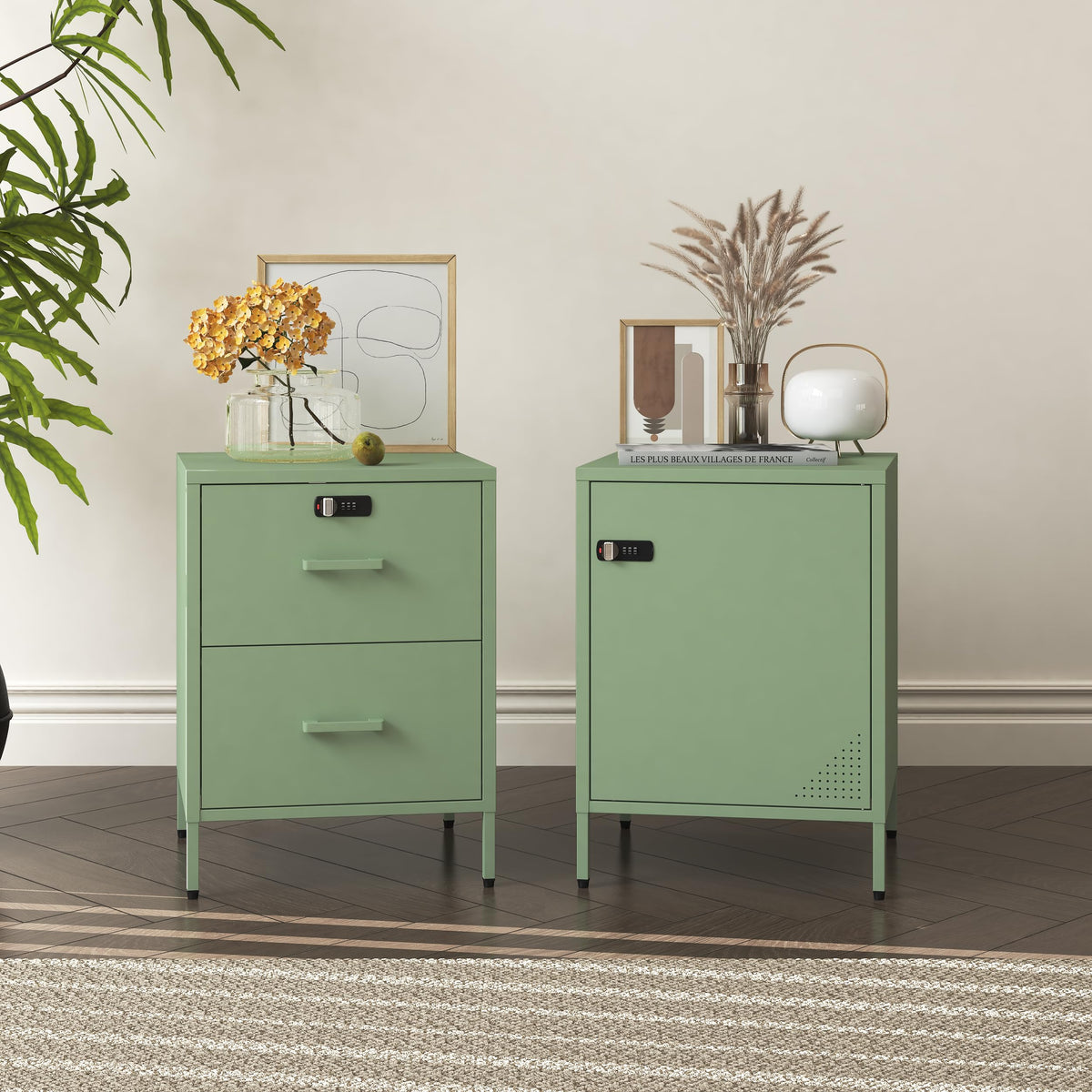 Steehoom Locker Nightstand Metal End Table Single Door Bedside Cabinet Lockable Storage Cabinet for Living Room, Bedroom, Dorm,Home, Office 21.26”H X 15.75”W X 15.75”D (1 Door, Green)