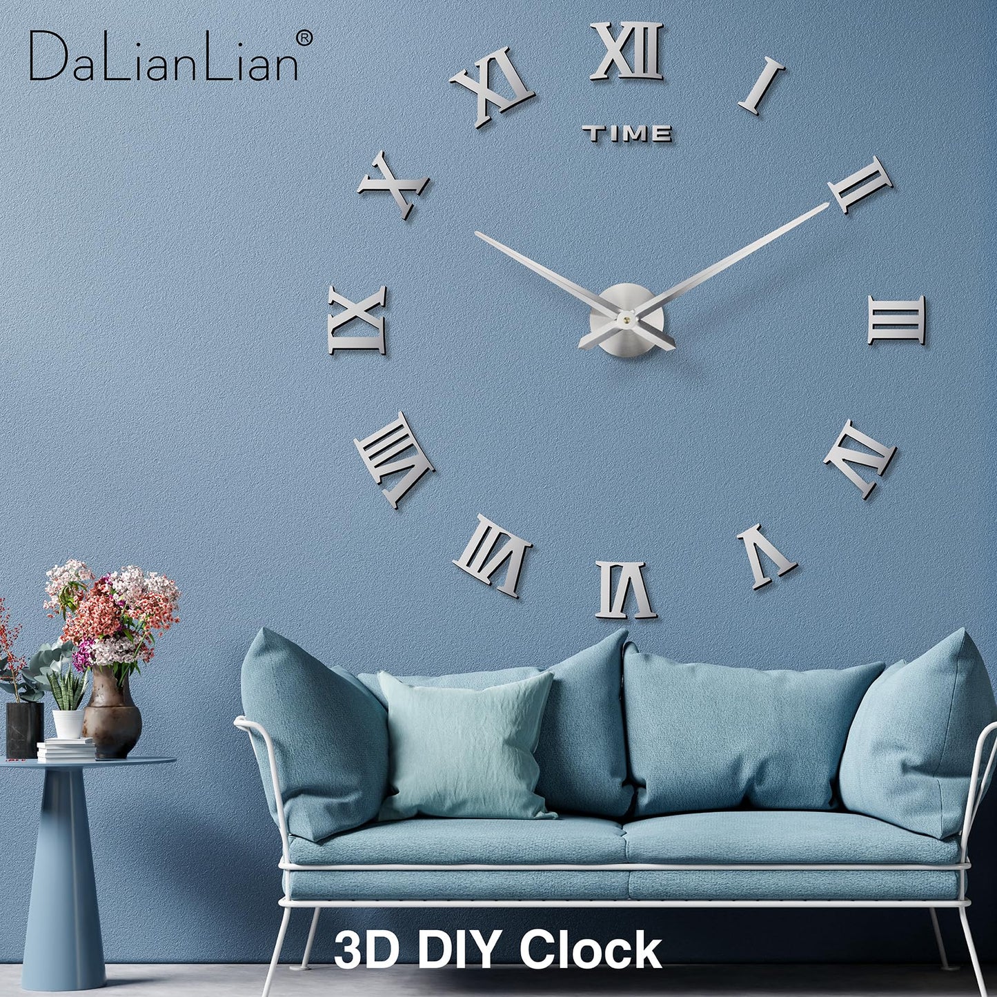DaLianLian DIY Wall Clock Large Frameless 3D Clock Mirror Effect Classical Roman Numerals Wall Sticker Metal Hands Silent Quartz Movement Decor for Living Room, Bedroom, Office (Silver)