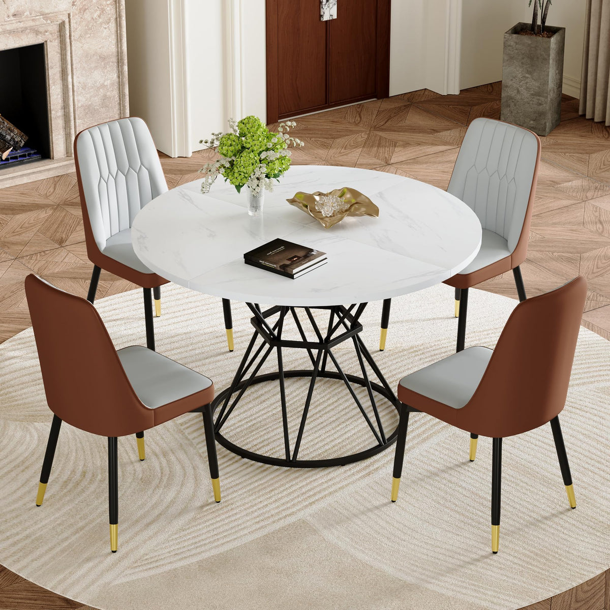 KEIKI Round Dining Table Set for 4, 47.3" White Faux Marble Kitchen Table with Black Metal Base & 4 Brown Gray PU Leather Chairs, Modern Industrial Dining Room Set with Gold Accent for Apartment