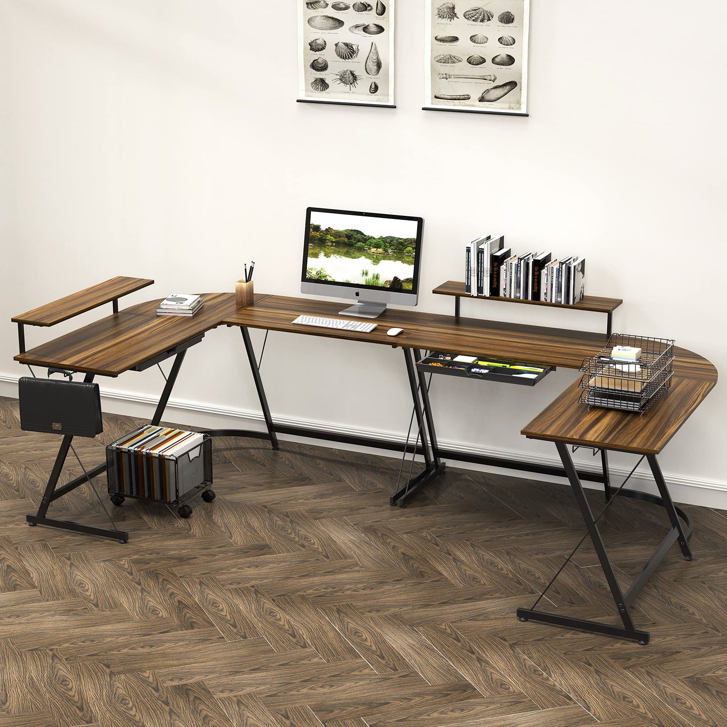 SHW 51 x 51 Inches Vista L-Shaped Desk with Monitor Stand and Drawer, Walnut