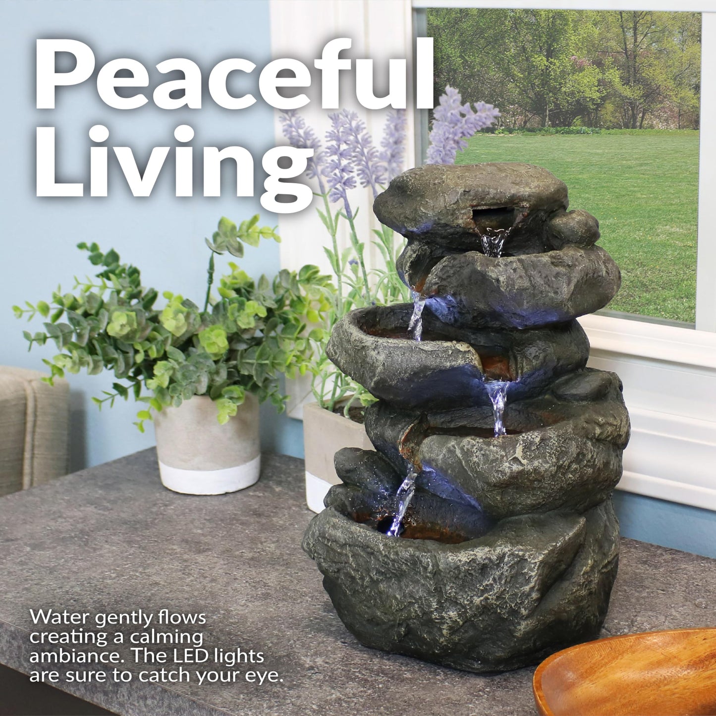 Sunnydaze Tabletop Water Fountain - Stacked Rocks 10.5 Inch Relaxing Desktop Water Fountain with LED Lights - Office, Bedroom, Living Room