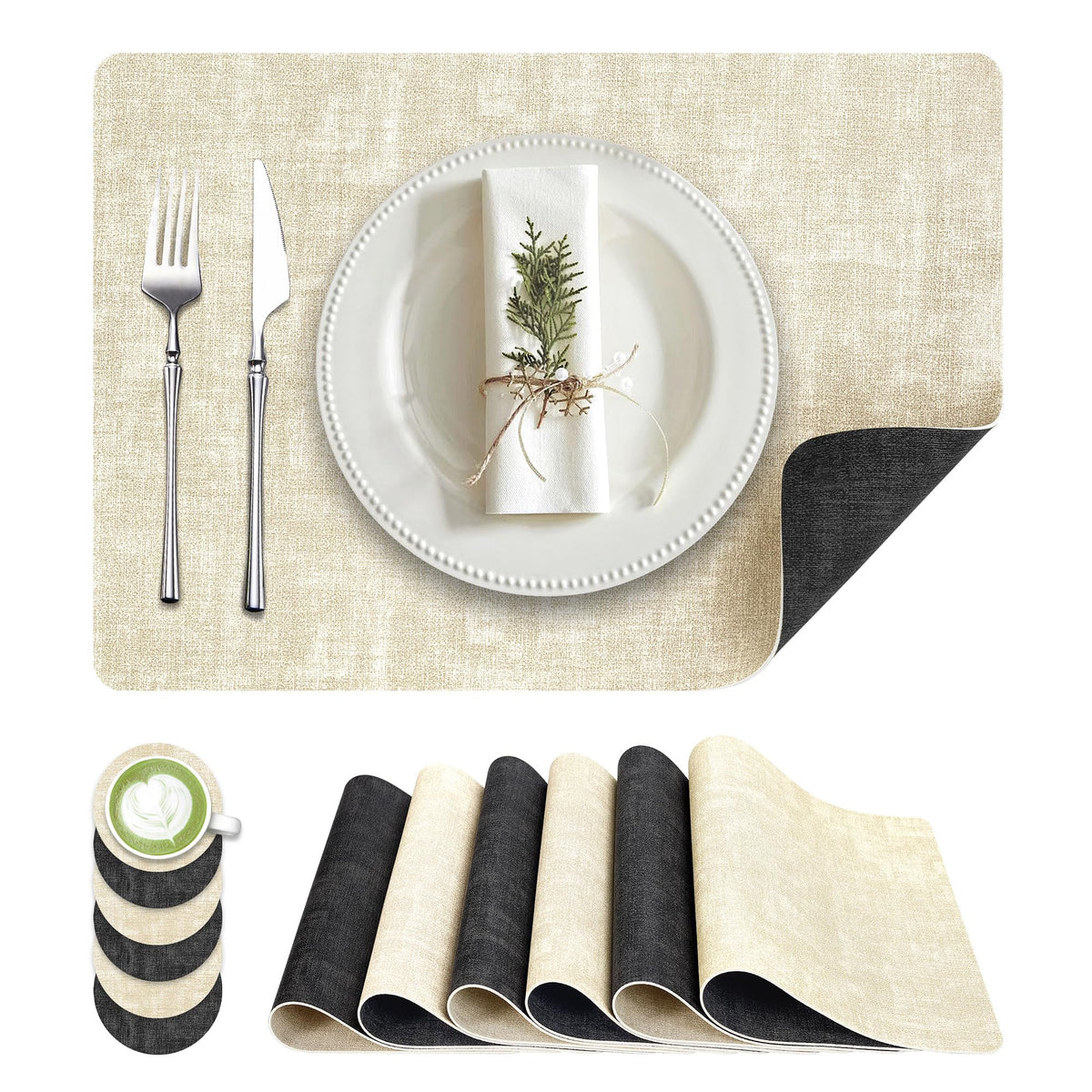 Fyvva Placemats Set of 6, Faux Leather Heat Resistant Wipeable Placemats, Dual Sided Waterproof Washable Table Mats with Coaster, Suitable for Kitchen, Dining, Table Decor (6, Black Beige)