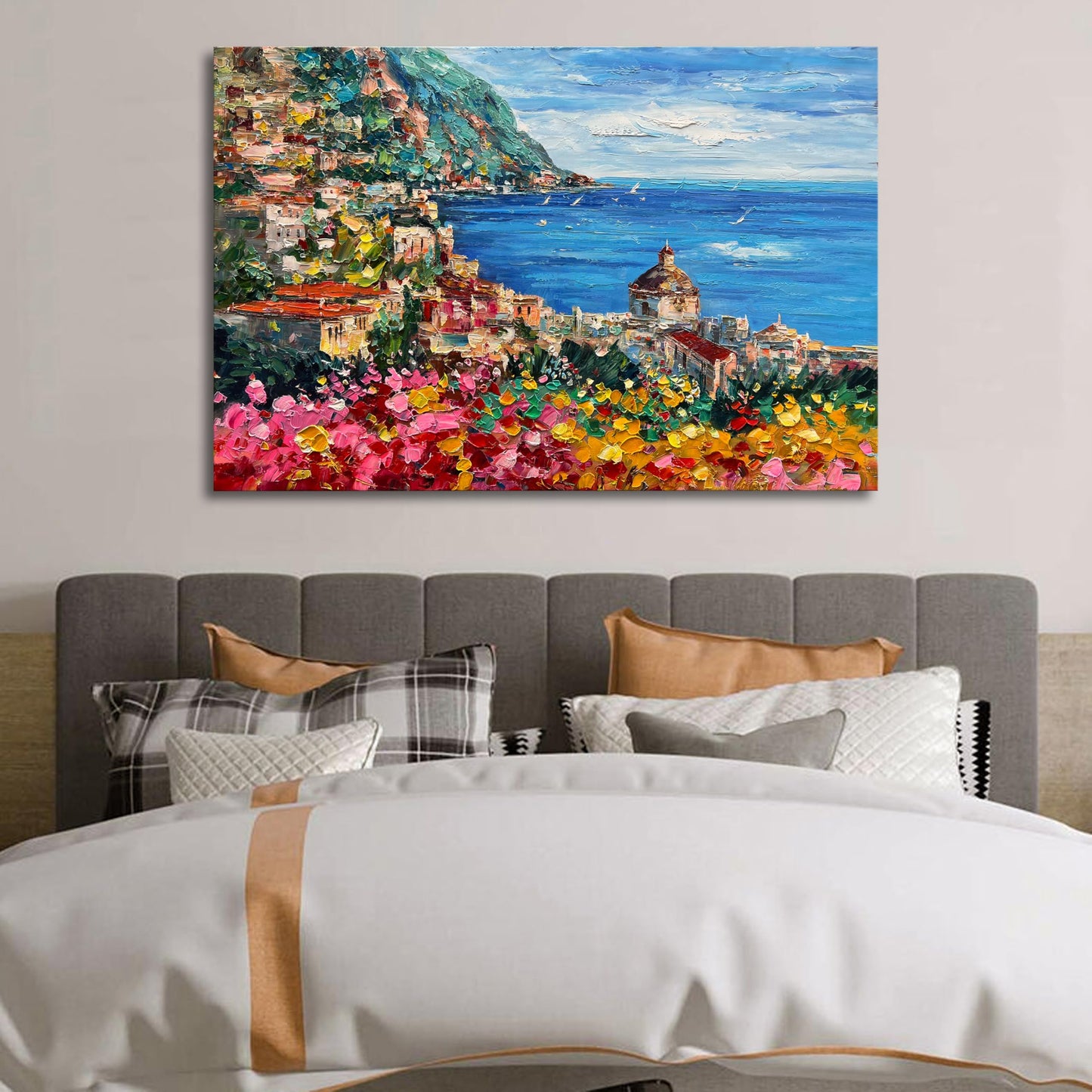Diathou Art Hand Painted Seaside Town Landscape Oil Painting Modern Abstract Art Home Wall Deco Art 30x45 inches