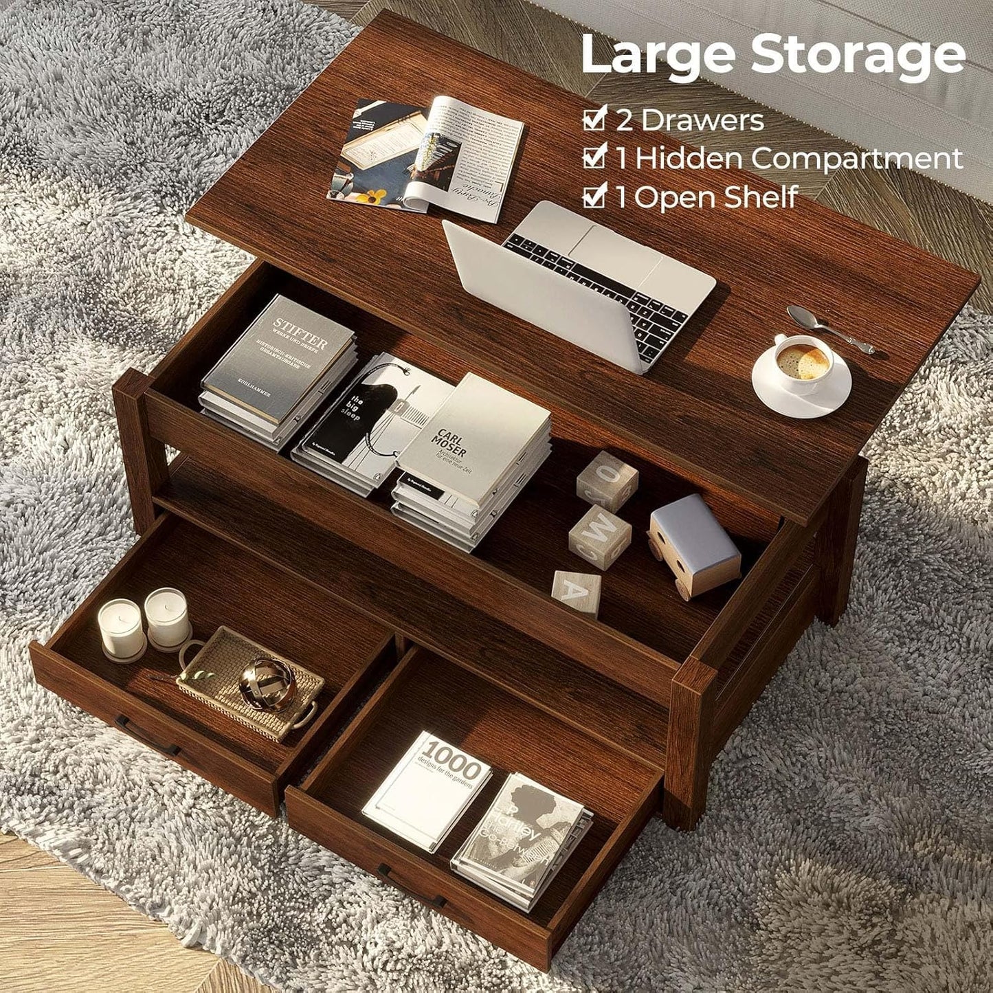 Rolanstar Coffee Table, Lift Top Coffee Table with Drawers and Hidden Compartment, Retro Central Table with Wooden Lift Tabletop, for Living Room,Espresso