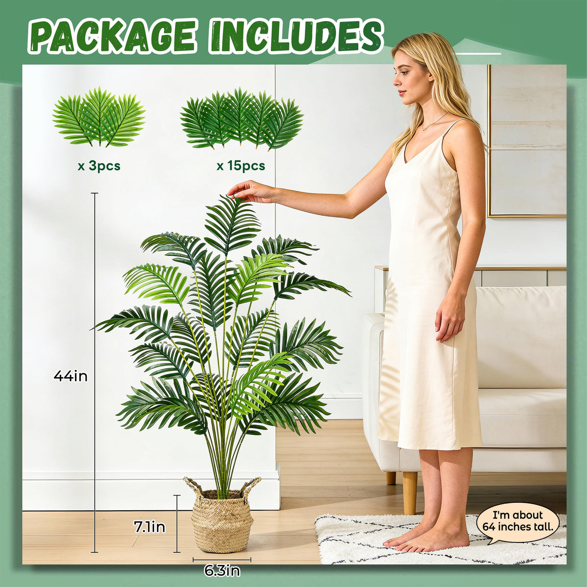 Der Rose 44" Fake Plants Artificial Palm Tree with Hand Woven Basket for Home Office Living Room Balcony Indoor Easy Assembly