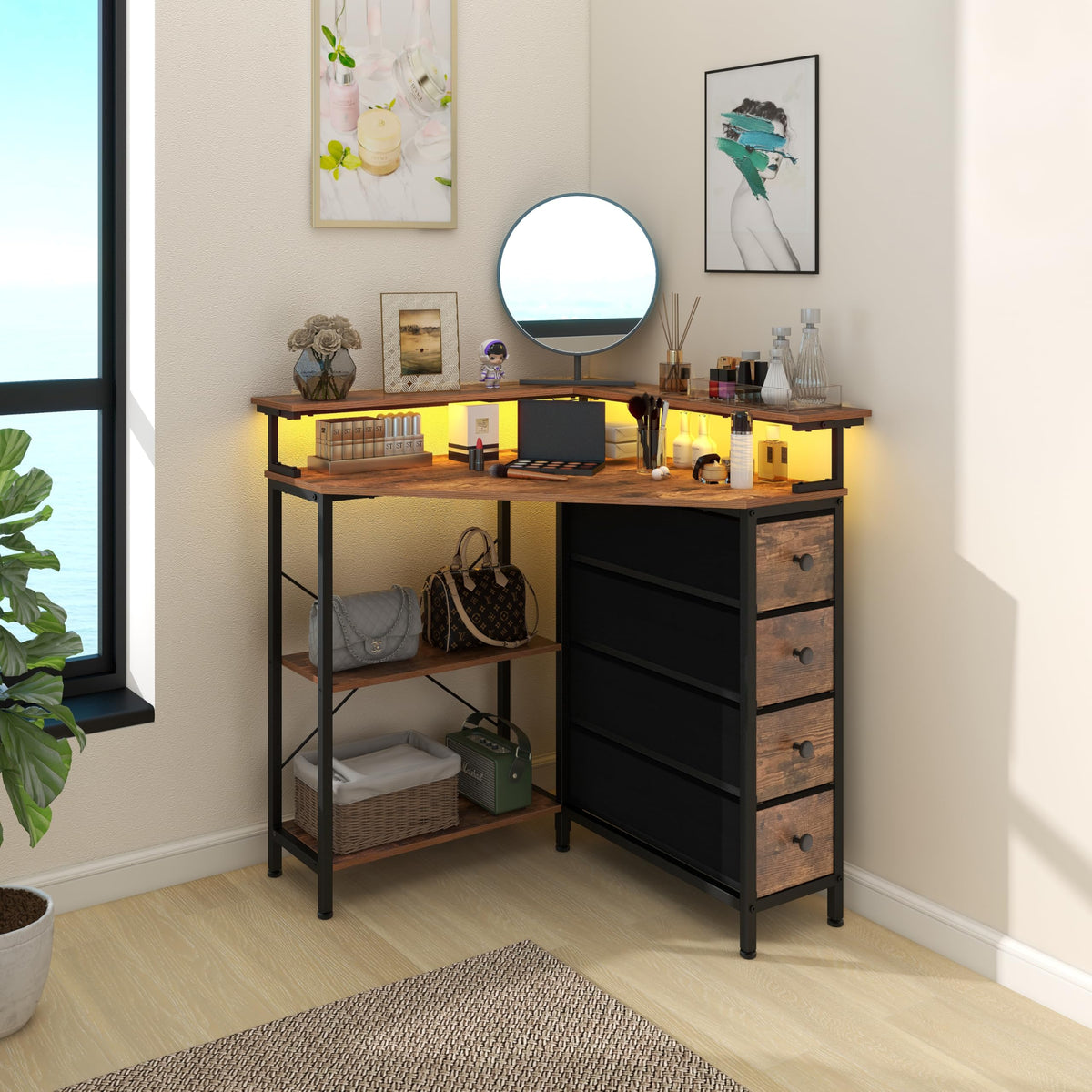 VENNQD Corner Desk with Drawers Shelves for Small Space 90 Degrees Triangle Computer Desk with Power Outlets,Gaming Desk with LED Lights Monitor Stand for Home Office Workstation Writing Table (Brown)