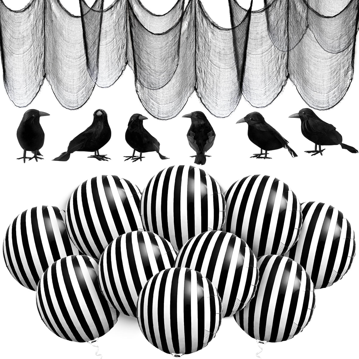 Halloween Creepy Cloth and Crows - Pack of 7 and Black and White Stripe Balloons - 18 Inch, Pack of 10 | Black and White Striped Balloons, Halloween Decorations | Halloween Crows and Raven Decorations