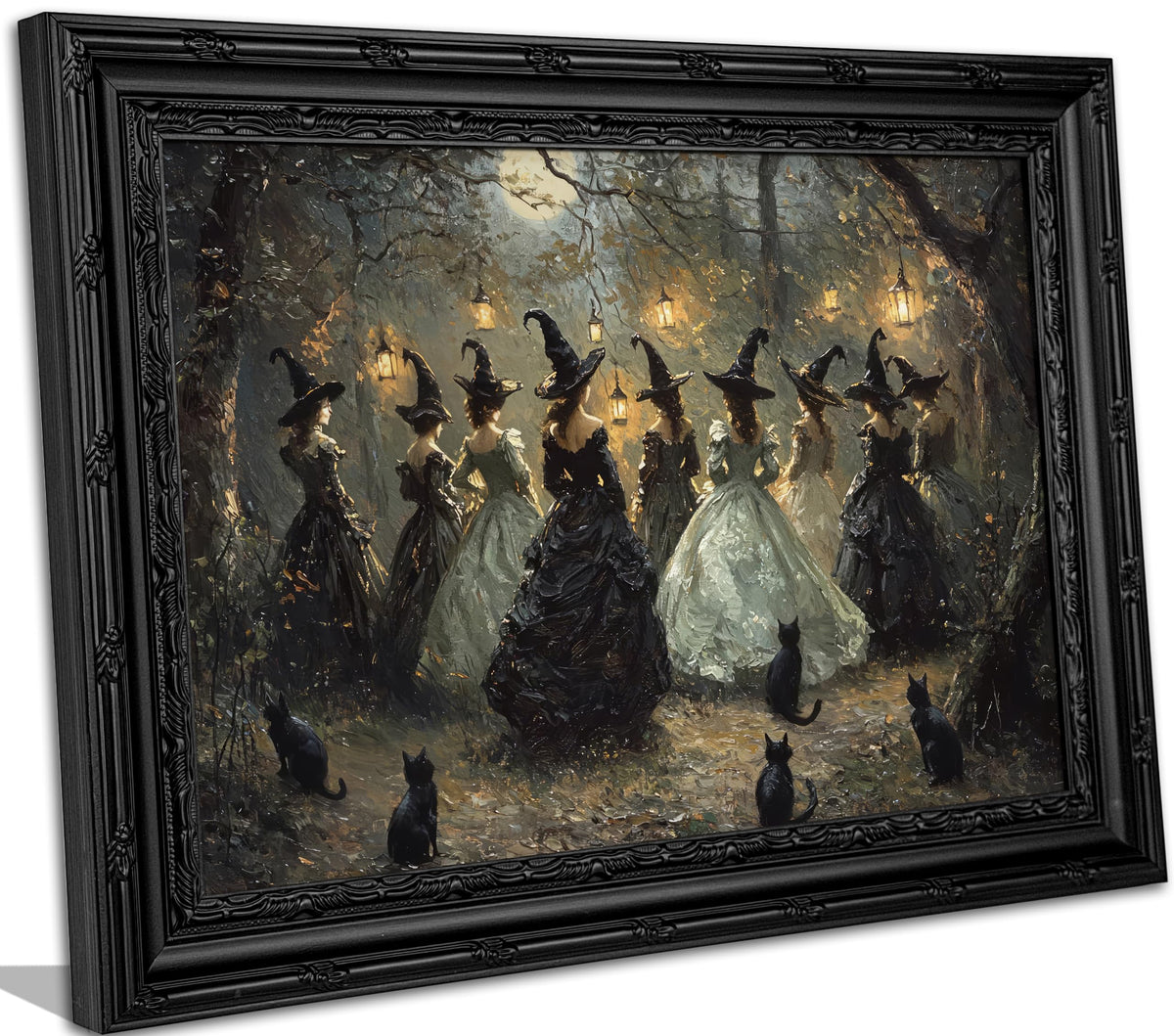 Framed Halloween Witch Wall Art, Moonlit Forest Witch Gathering Painting, Dark Academia Witchy Canvas Print, Black Ornate Framed Artwork with Black Cats. Ready to hang, 9x11in