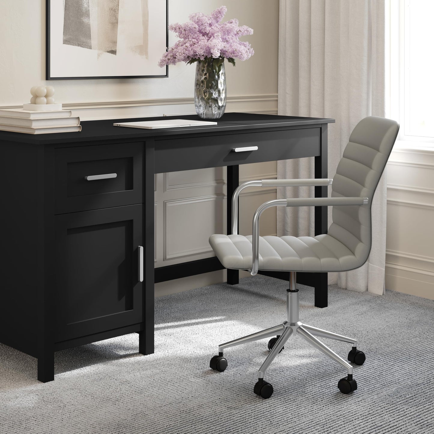 Martha Stewart Taytum Swivel Task Chair with Armrests for Home Office in Gray Faux Leather with Polished Nickel Frame