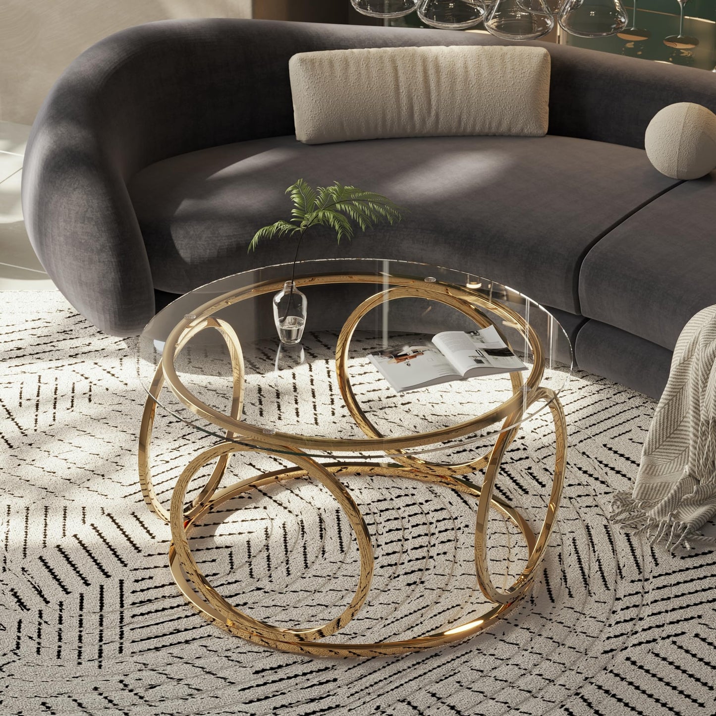 GDFStudio 31.5" Luxury Round Coffee Table with Circular Metal Frame, Tempered Glass Top Modern Coffee Table, Small Round Center Table for Living Room Small Space Office Lounge, Easy Assembly, Gold
