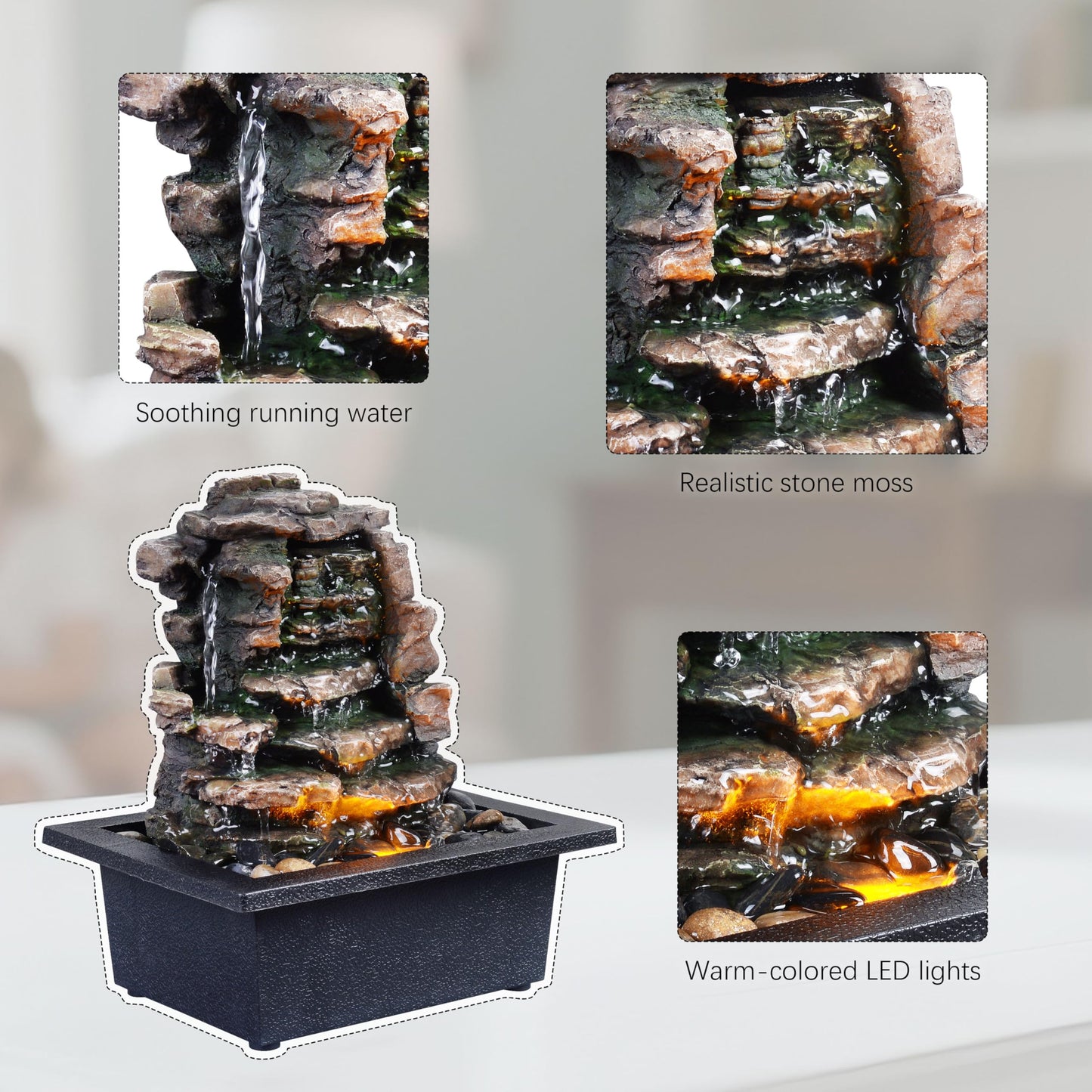GOSSI Home Décor Waterfall Meditation Fountain Indoor Tabletop Many Natural River Rocks Decorated Office Home Tabletop Fountion with LED Lights Christmas Decorations