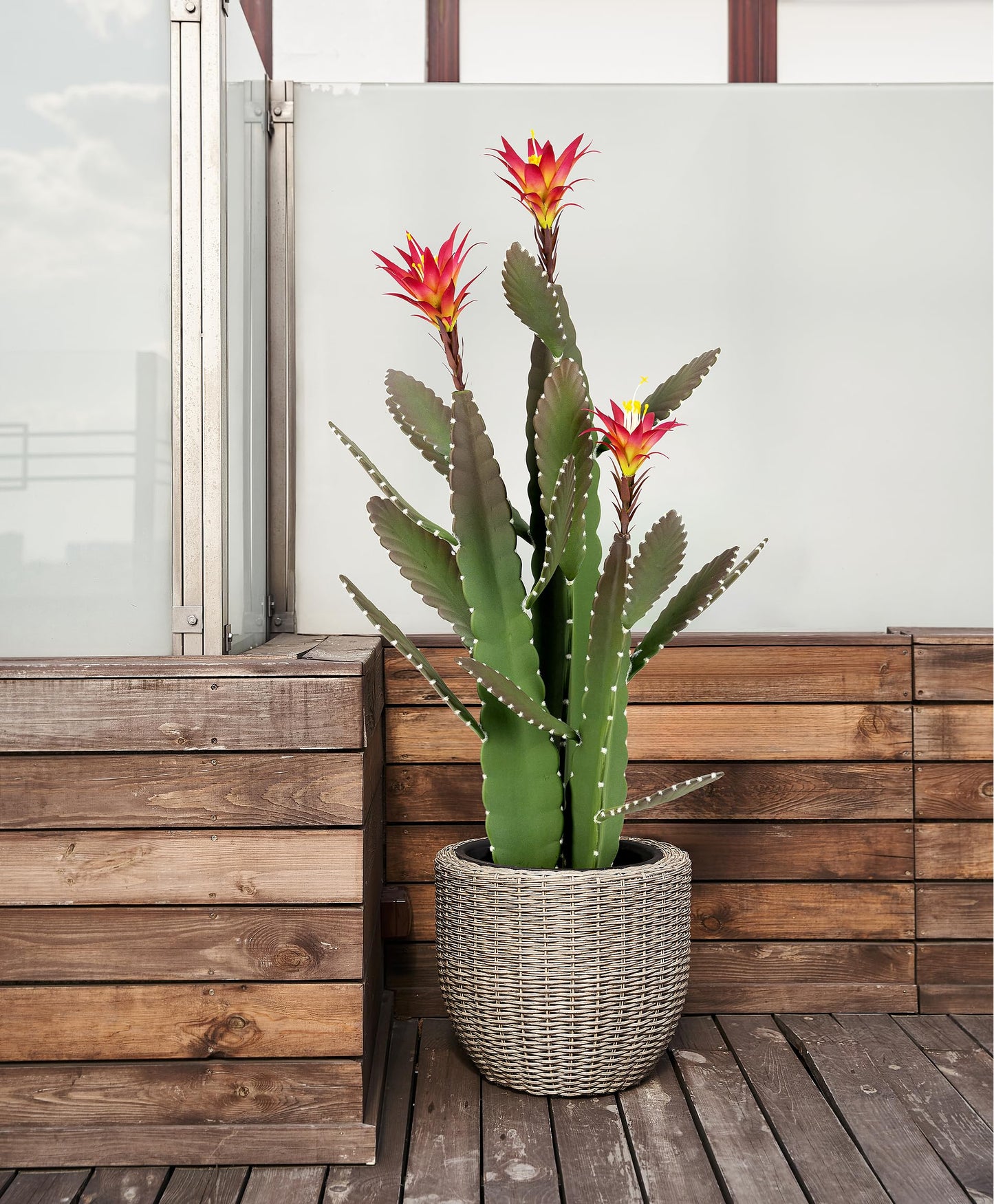 SUNPRAIRIE 33 Inch Large Artificial Cactus with Magenta Flowers in Pot with Natural Gravel. Satin Finish Leaves with Real Look and Feel. Outdoor and Indoor Faux Plants.