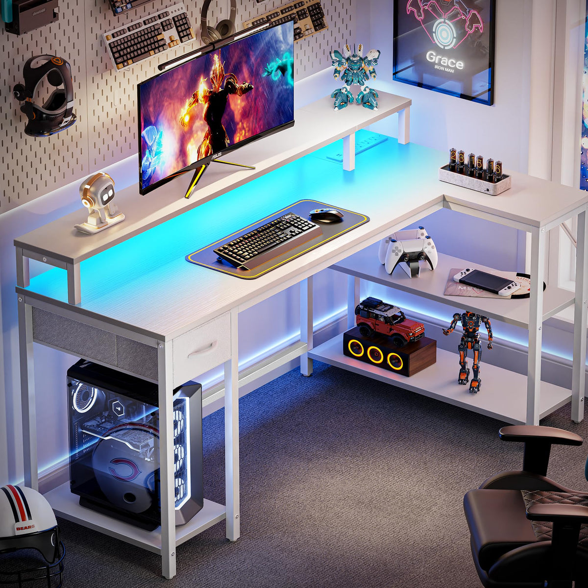 SUPERJARE 53 inch Reversible L Shaped Desk with LED Lights & Power Outlets, Computer Desk with Shelves & Monitor Stand, Gaming Desk with Drawer, Home Office Desk Corner Desk, PU White Drawer