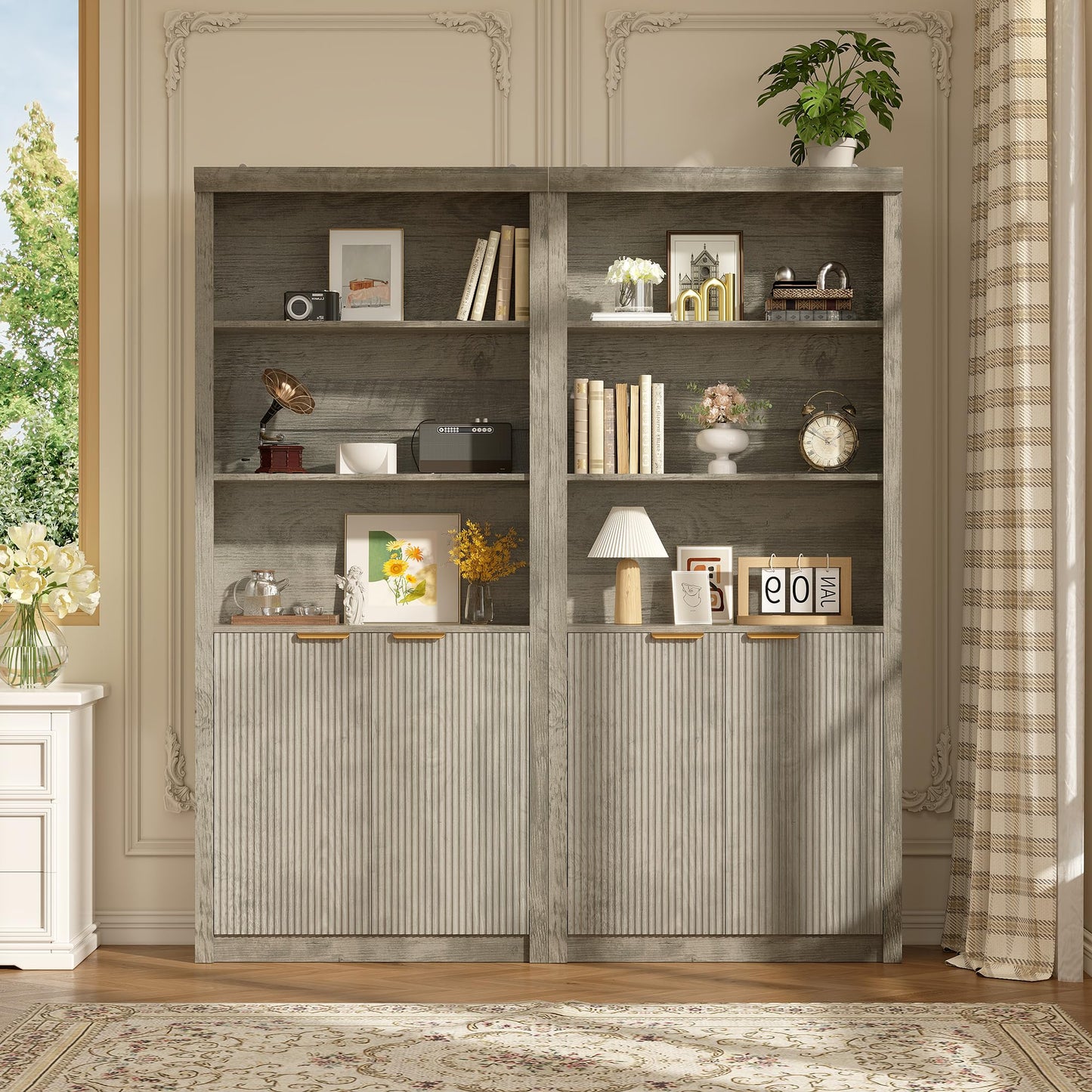 Modern Tall Book Shelf and Bookcase, 31.5"Wide Bookshelf with Doors, Farmhouse Book Case with Adjustable Top Shelf, Wood Storage Cabinet with 5 Tier Display Shelves for Home Office, Living Room,Grey