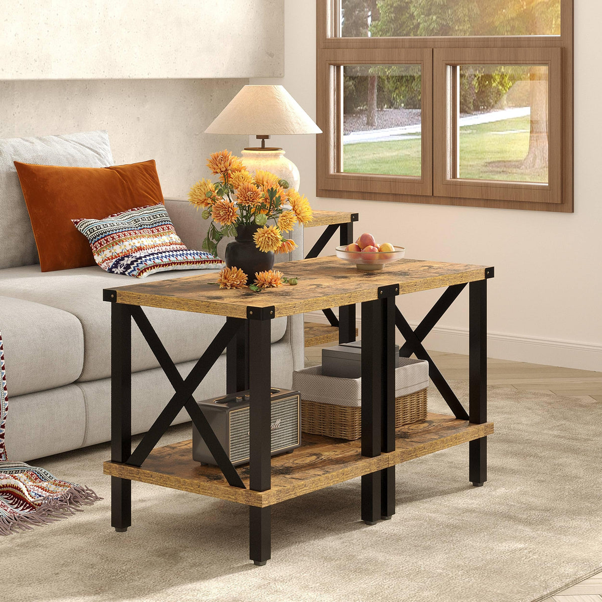 MMEOLUOOK Large End Table Farmhouse Side Table Industrial Style Sofa Table Coffee Table Metal X Accent Wood End Table NightStand with Storage Shelf for Living Room Bedroom MLBZ16R