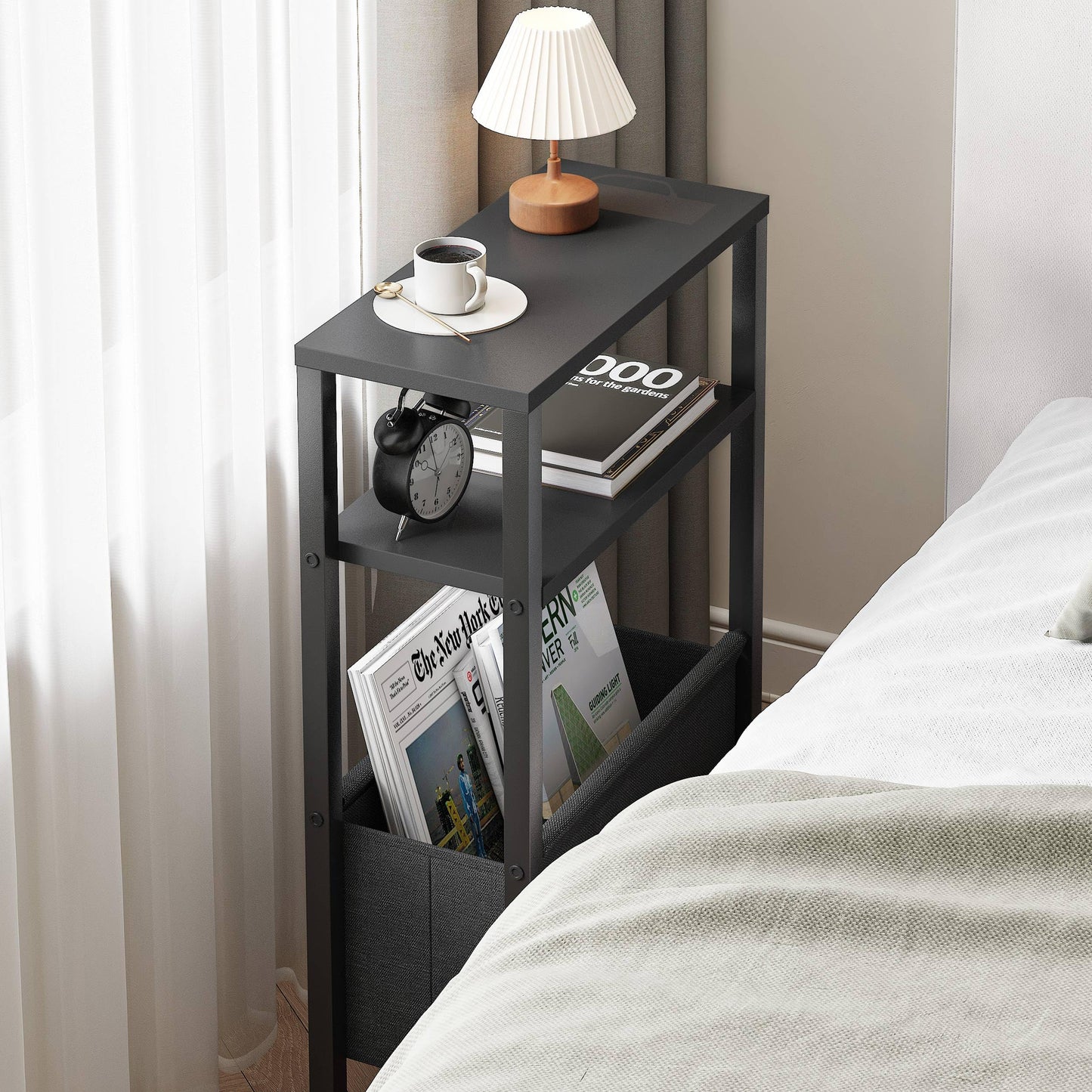 IRCPEN Narrow Side Table, Slim End Table with Magazine Rack, Bedside Table for Small Spaces, 3 Tier Sofa Couch Table Nightstand for Living Room, Bedroom Black LET503B