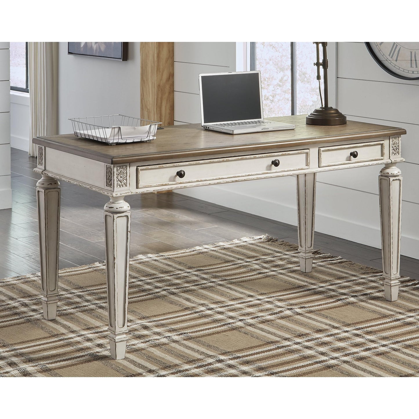 Signature Design by Ashley Realyn Farmhouse Home Office Desk, 2 Drawers, Drop-down Drawer, USB Charging, Wood, 60" W x 28" D x 31" H, Chipped White and Brown