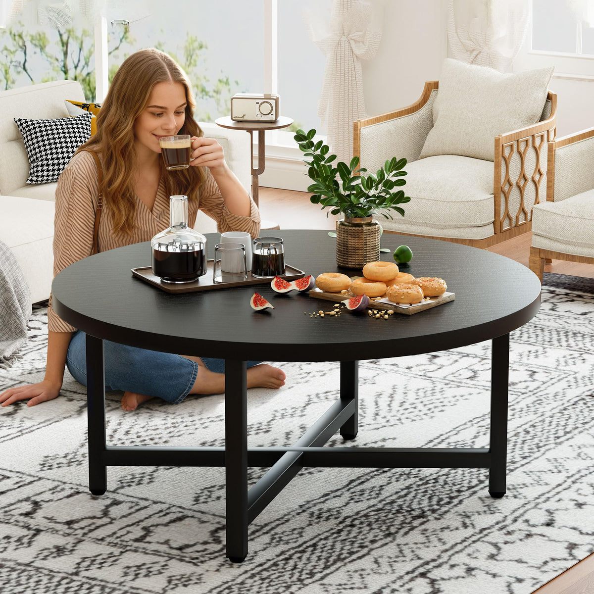 FURMORENE Coffee Table, 31.5" Large Coffee Tables, Black Round Coffee Tables for Living Room, Floor Table for Sitting on The Floor, Center Coffee Table with Metal Frame for Office Apartment Home