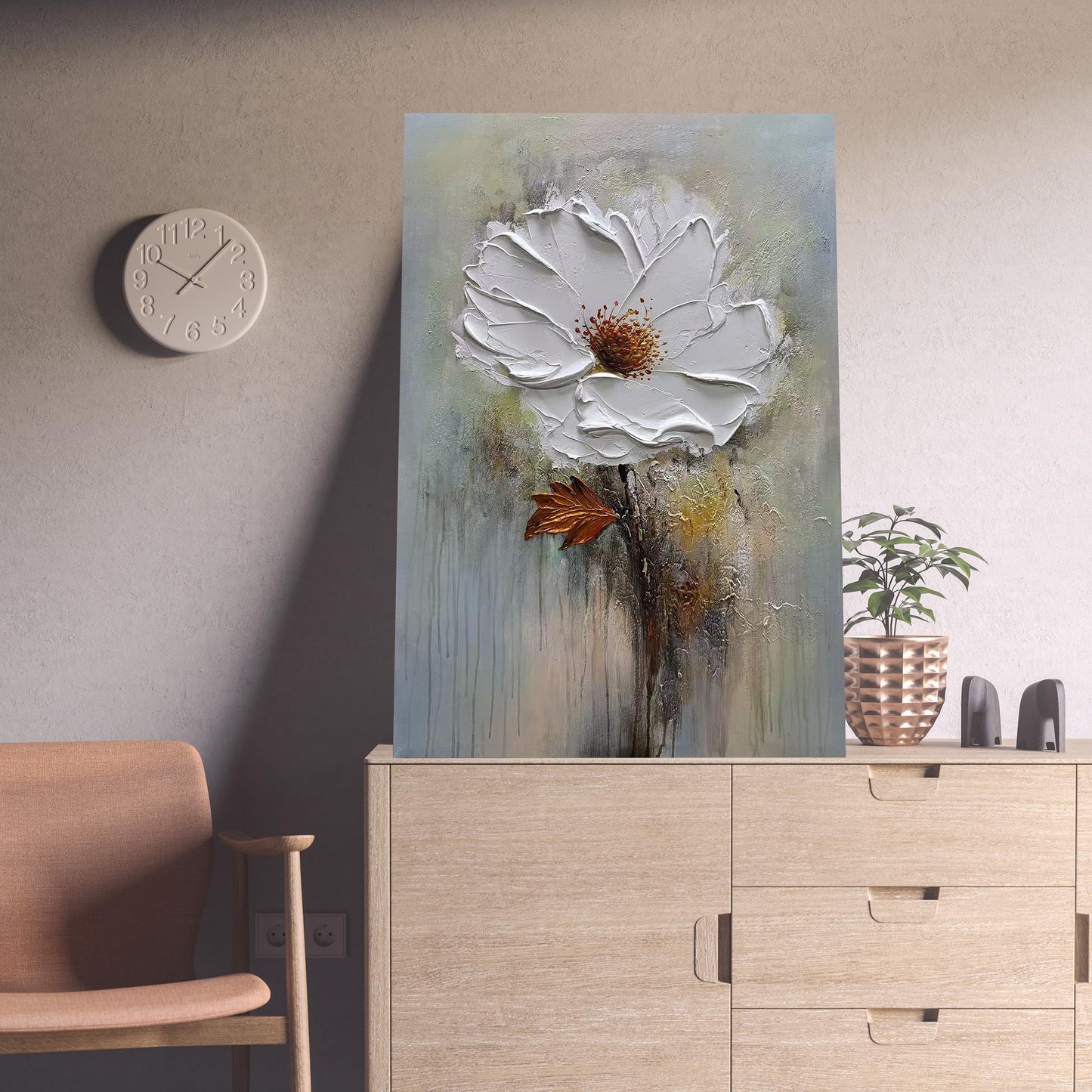moshinart 24 x 36in Hand-Painted Oil Painting 3D Texture Black White Grey Modern Minimalist Black Abstract Wall Art, Home Office Wall Decoration White Flower