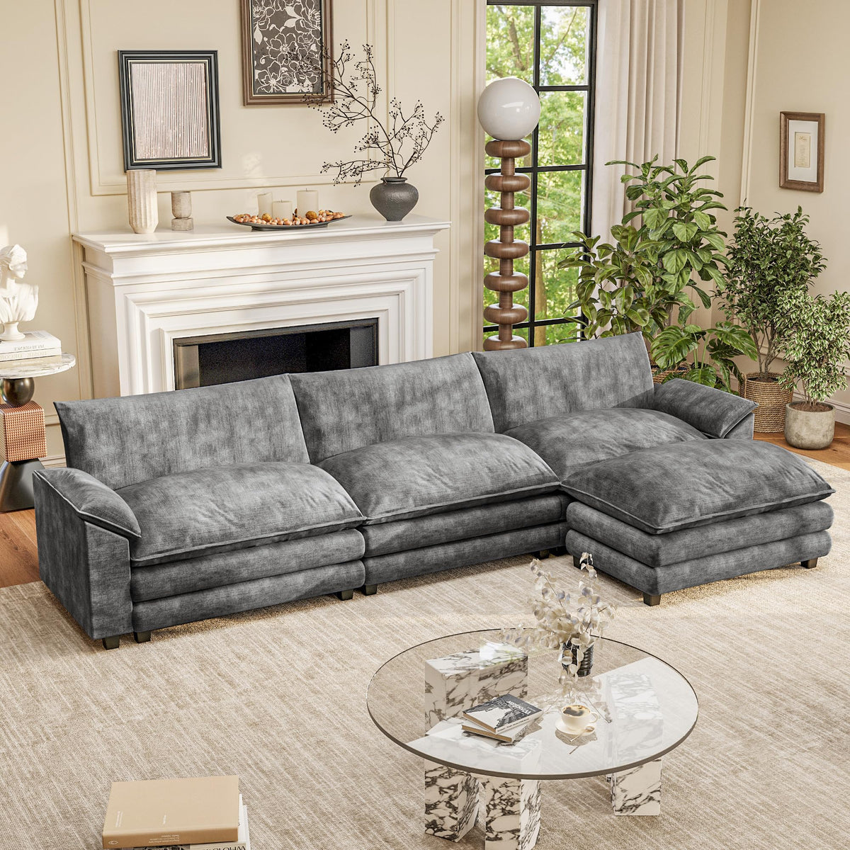 Furniwell 119" Modular Couch 3-Seat Sofa with Reversible Ottoman, Cloud Couch L Shaped Sofa with Deep Seat, Chenille Sectional Couches for Living Room