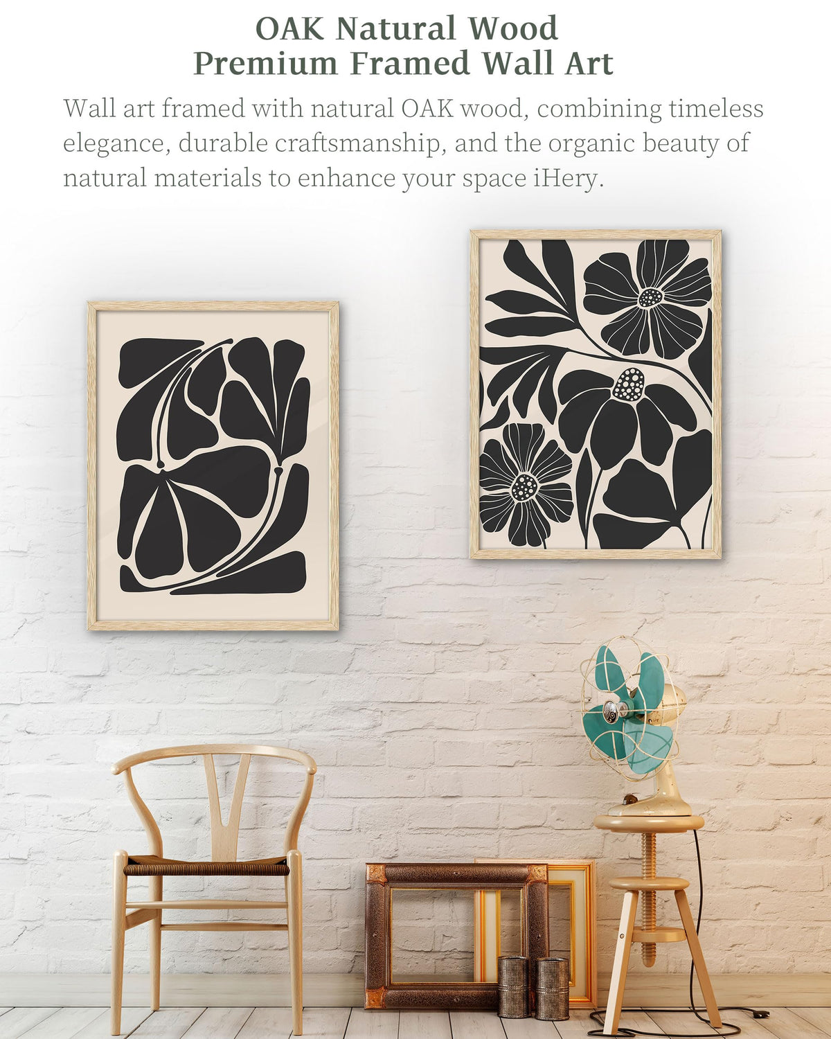 iHery Natural OAK Wood Abstract Botanical Framed Wall Art, 12x16 in Beige Black Flower Canvas Wall Art Modern Mid Century Botanical Neutral Wall Decor Set of 1 For Bedroom Living Room