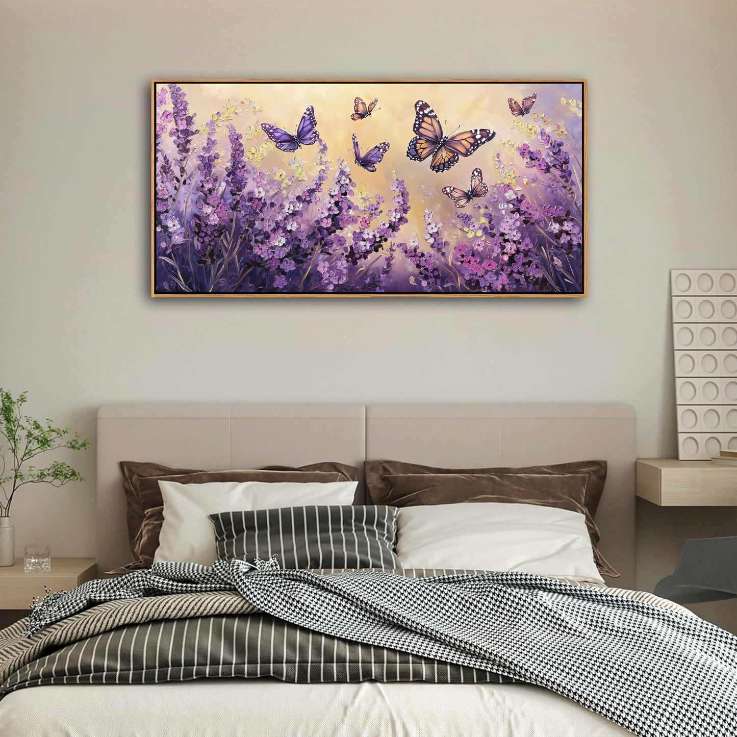 yiijeah 40x20 Inches Poster Frame Wall Art - Purple Lavender Butterfly Picture Artwork Wall Decor for Bedroom Living Room Office Home Decoration