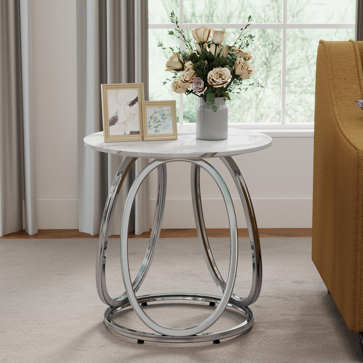 O&K FURNITURE Silver End Table, Round Side Table with Faux Marble Veins, Modern Nightstand for Bedroom, Living Room, Home Office, 1PC