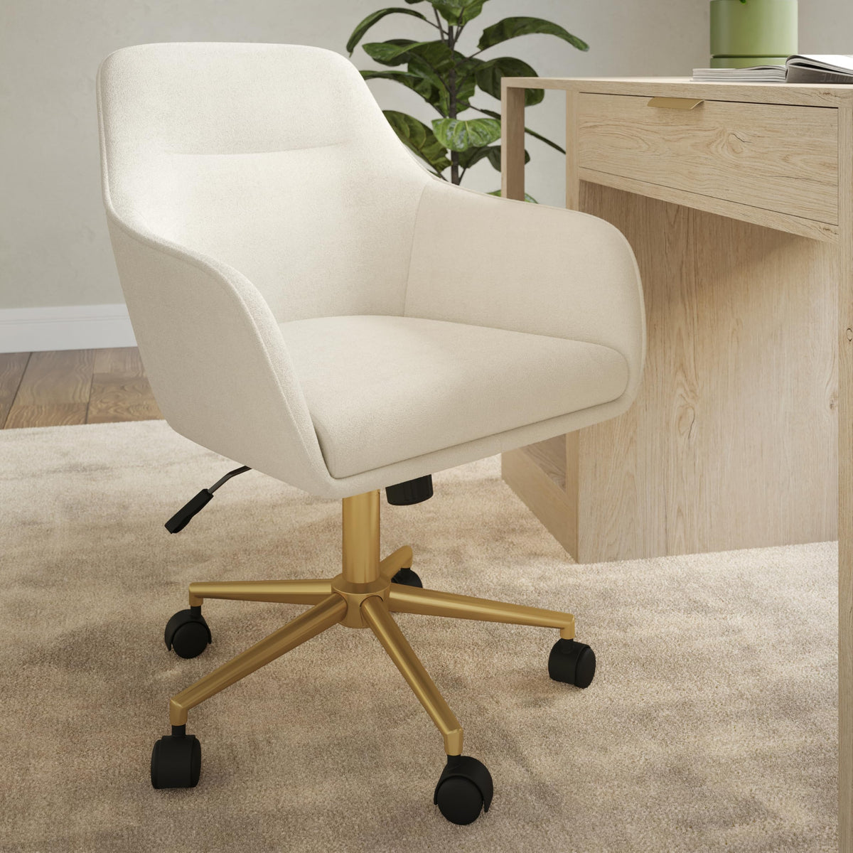 Martha Stewart Rayna Swivel Task Chair with Flared Arms for Home Office in Off White Fabric with Polished Brass Frame