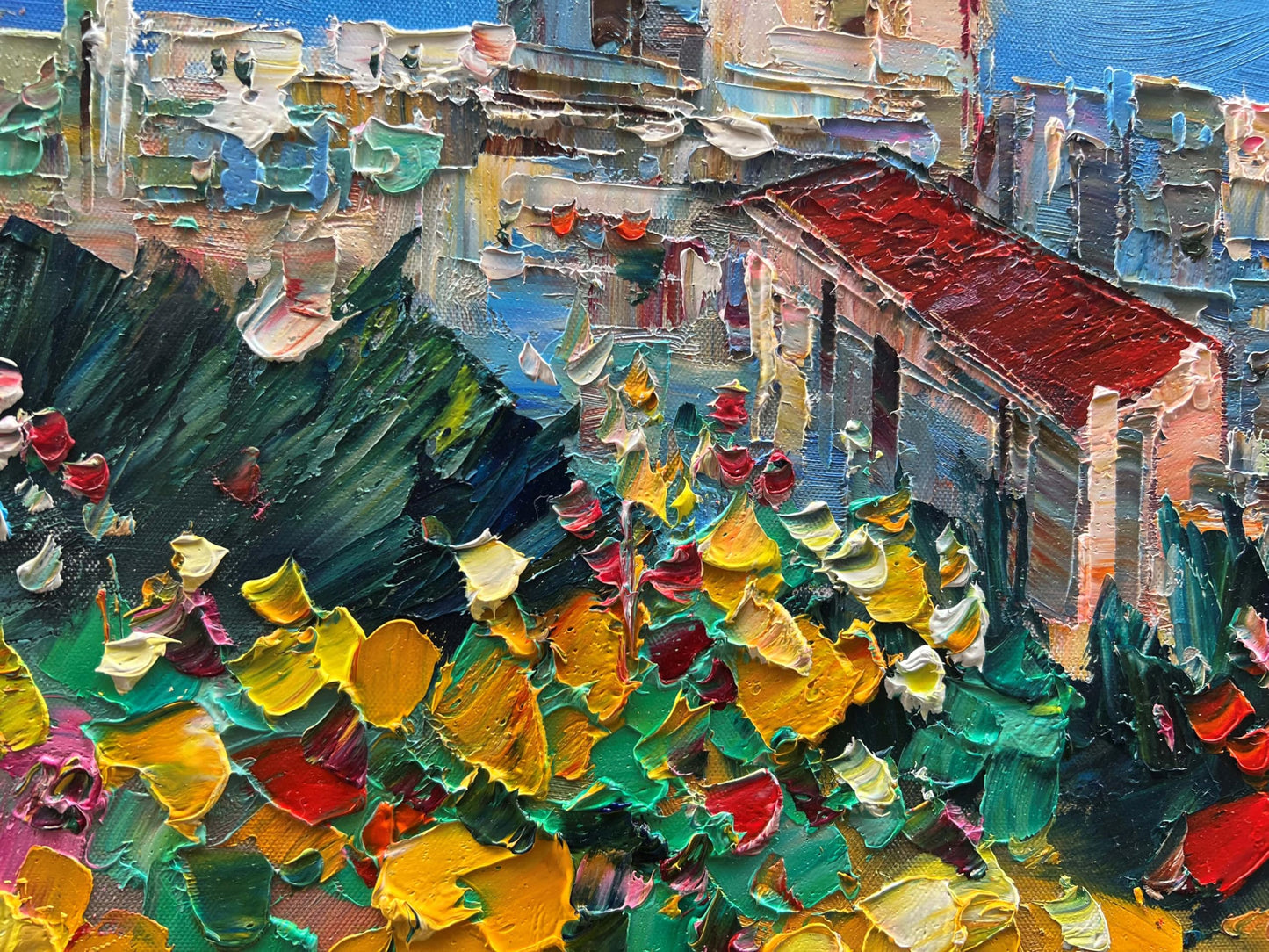 Diathou Art Hand Painted Seaside Town Landscape Oil Painting Modern Abstract Art Home Wall Deco Art 30x45 inches