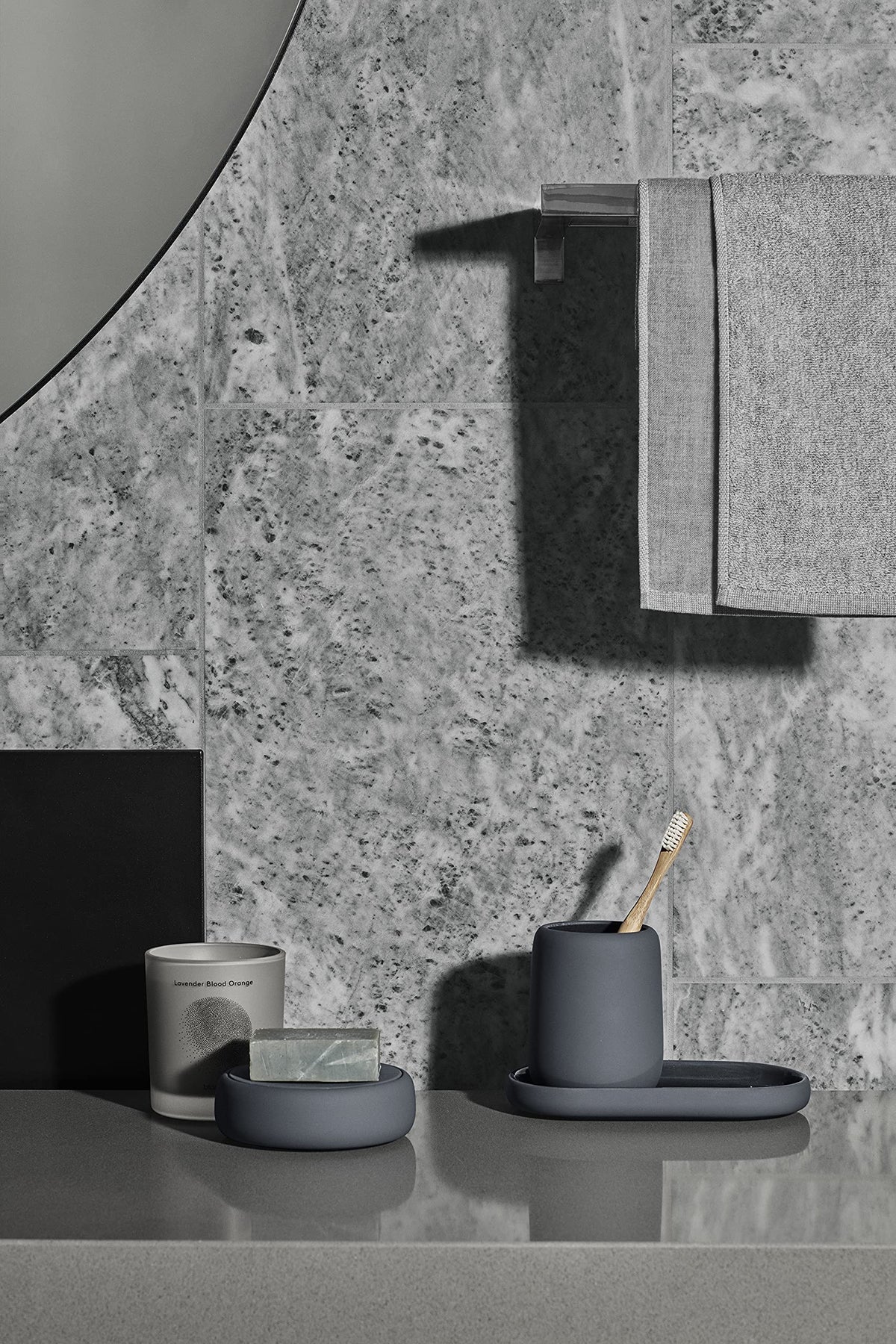 blomus SONO Modern Bathroom Countertop Tumbler and Toothbrush Holder Organizer - Ceramic Soft Touch - Magnet (Charcoal)