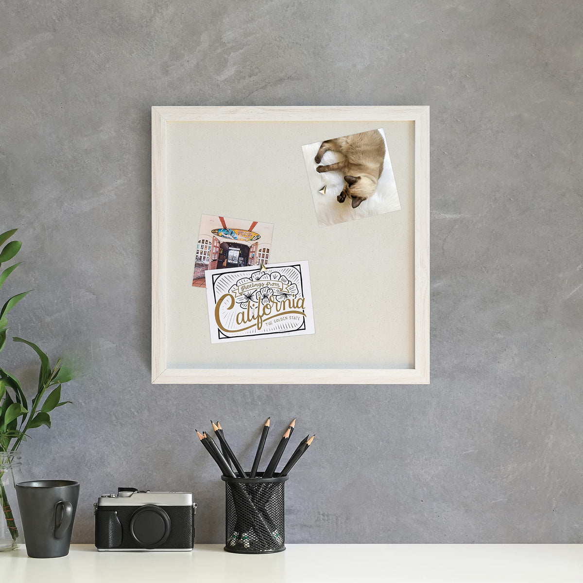 U Brands Rustic Linen Bulletin Board, 14" x 14", White Wood Style Frame, Industrial Grade Pinning Surface, Includes Push Pins